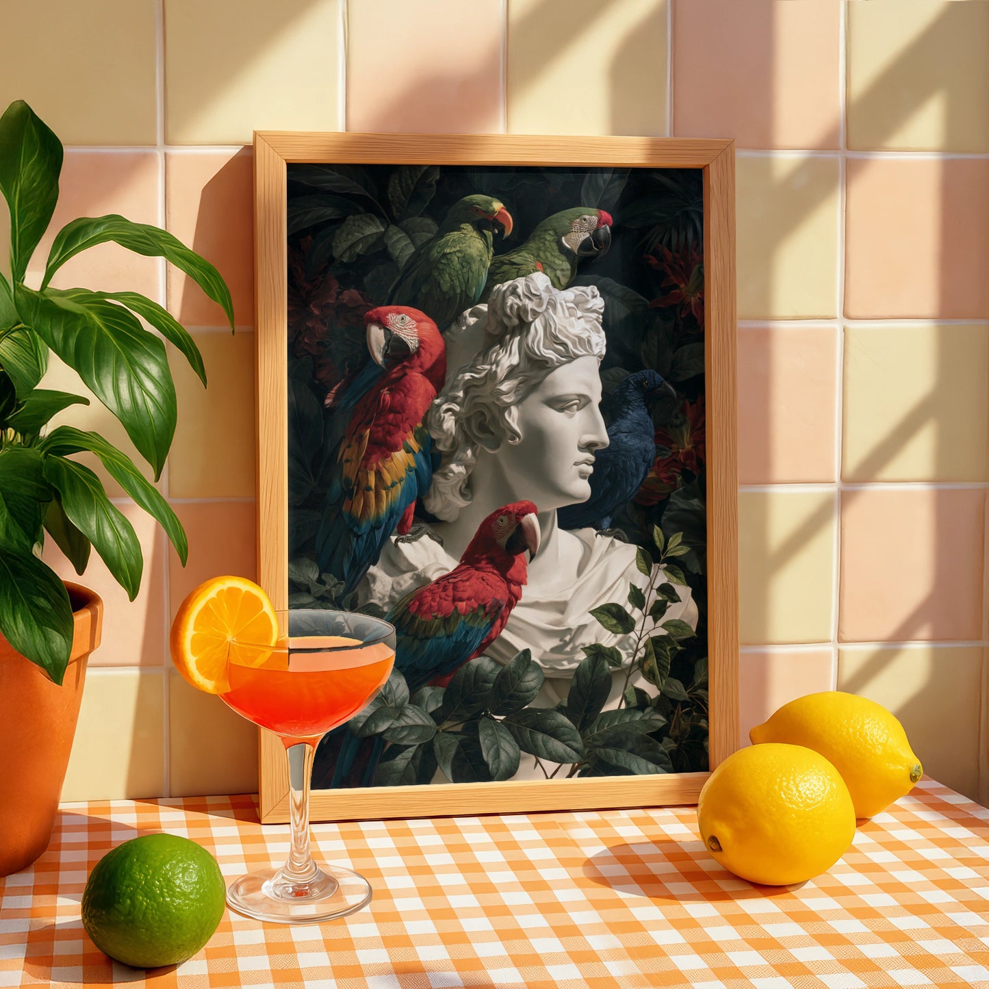 Roman Statue Parrots Poster, Greek Bust Tropical Birds, Dark Botanical Wall Art