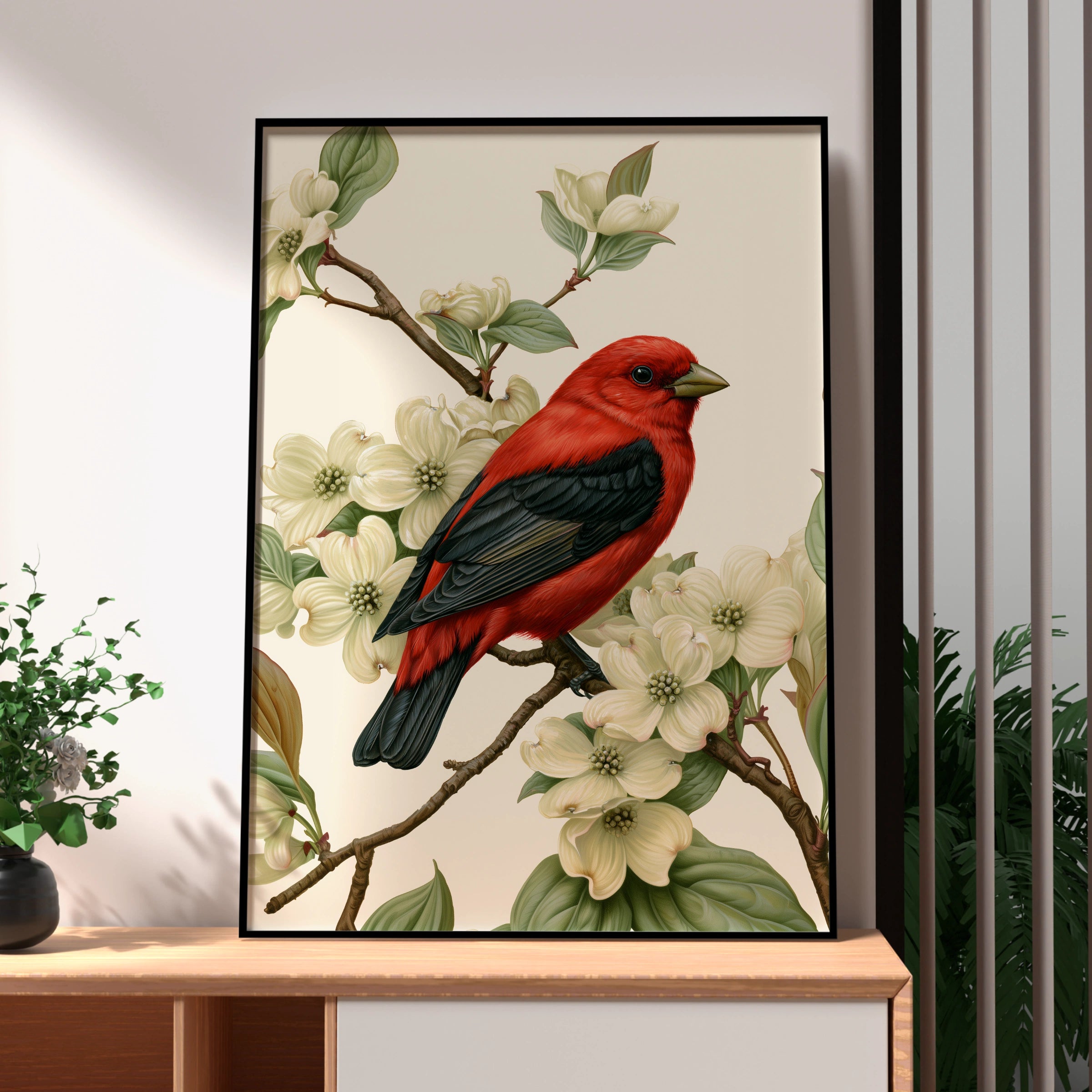 Red Bird on Dogwood Blossom Poster, Scarlet Tanager botanical illustration print