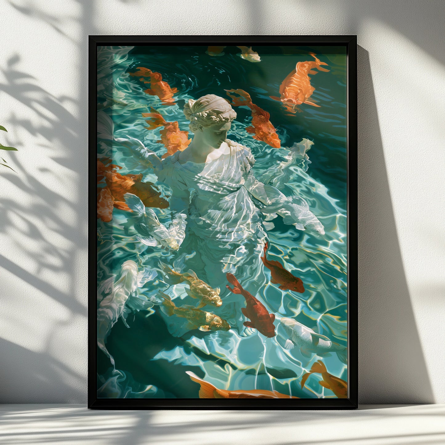 Roman Statue Koi Fish Poster, Classical Goddess Wall Art, Teal Modern Print