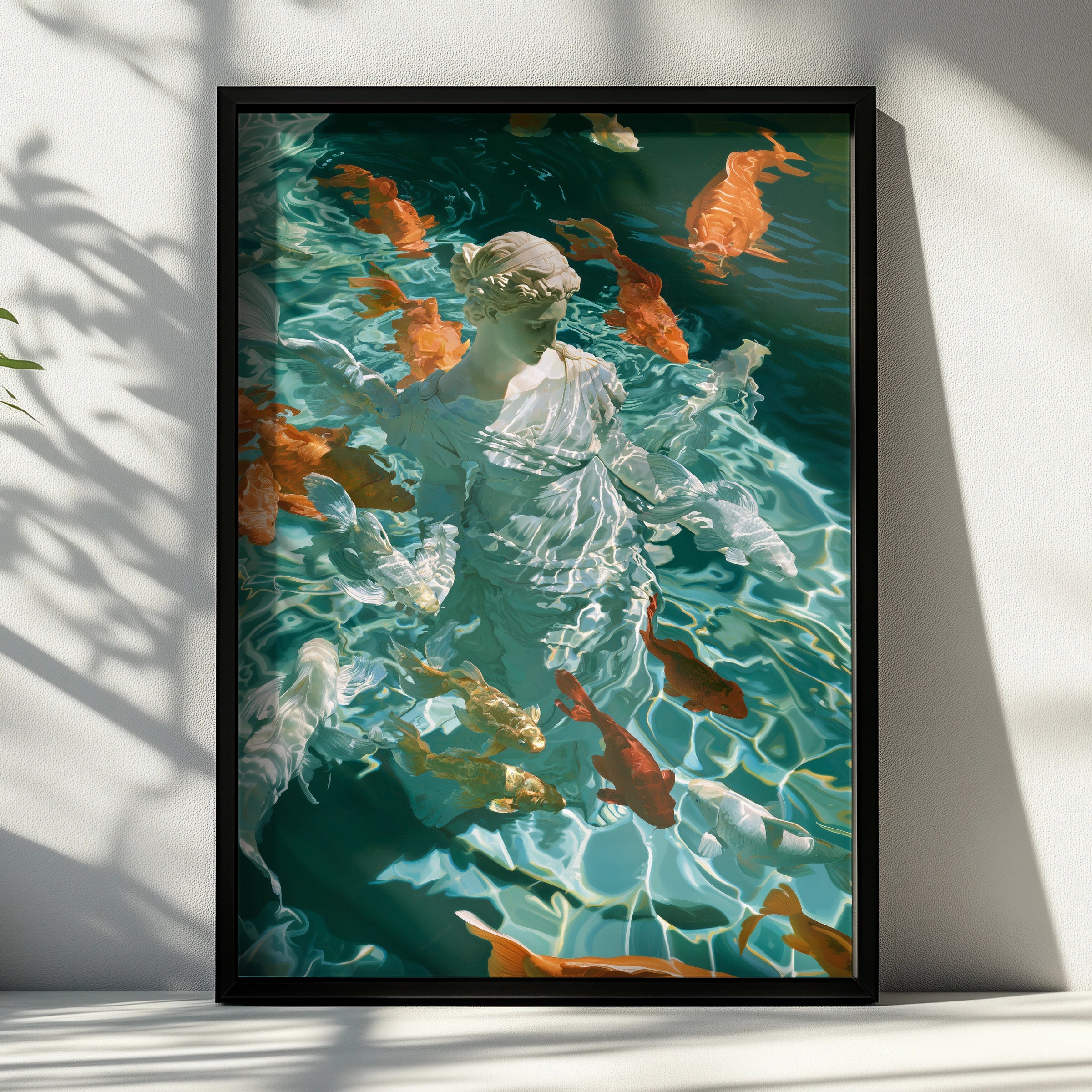 Roman Statue Koi Fish Poster, Classical Goddess Wall Art, Teal Modern Print
