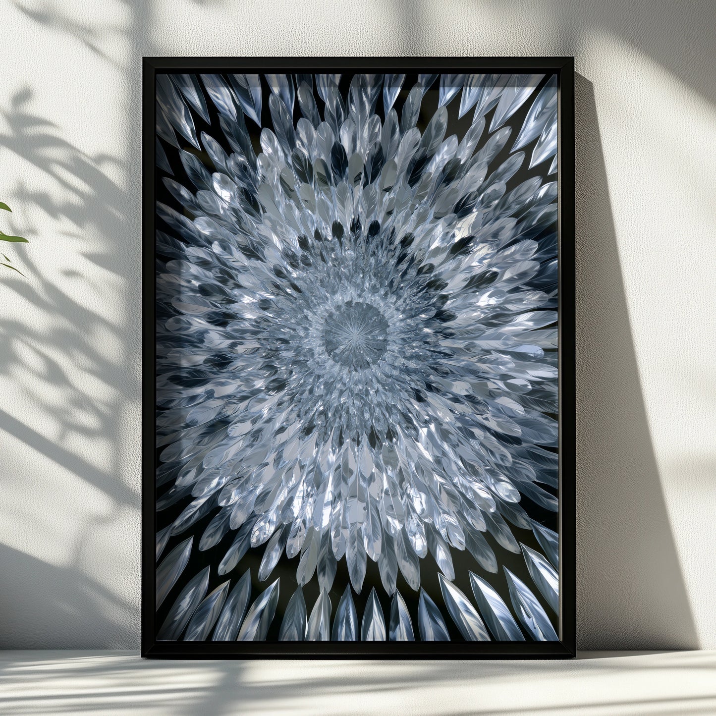 Mirror Feathers Mandala Poster, Silver Blue Abstract Wall Art Print