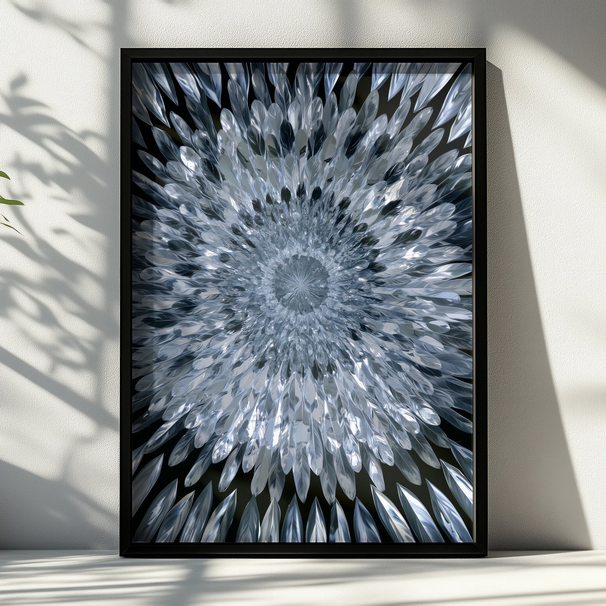 Mirror Feathers Mandala Poster, Silver Blue Abstract Wall Art Print