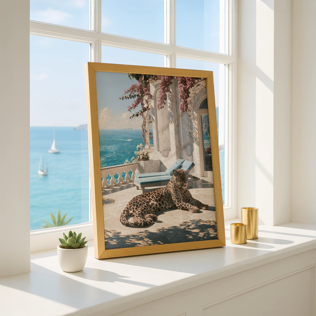 Jaguar on Mediterranean Terrace Poster, Luxury Villa Sea View Art Print