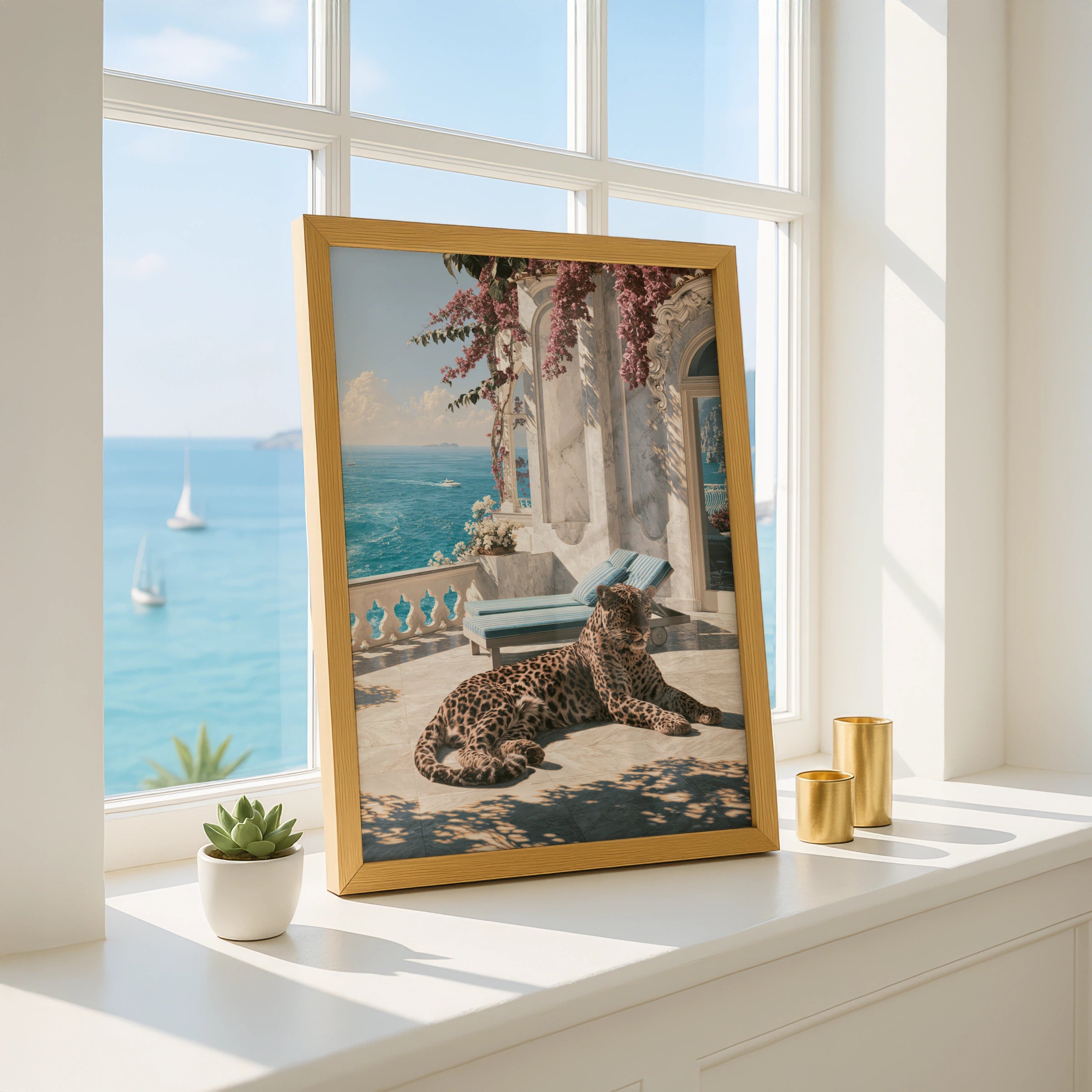 Jaguar on Mediterranean Terrace Poster, Luxury Villa Sea View Art Print