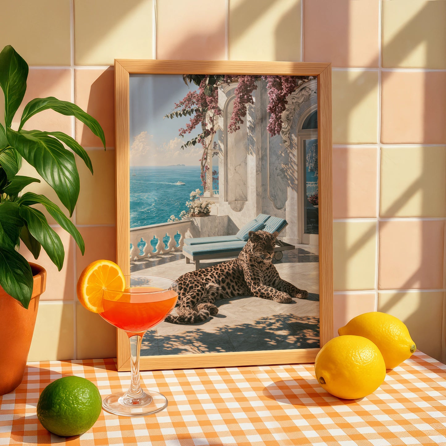 Jaguar on Mediterranean Terrace Poster, Luxury Villa Sea View Art Print