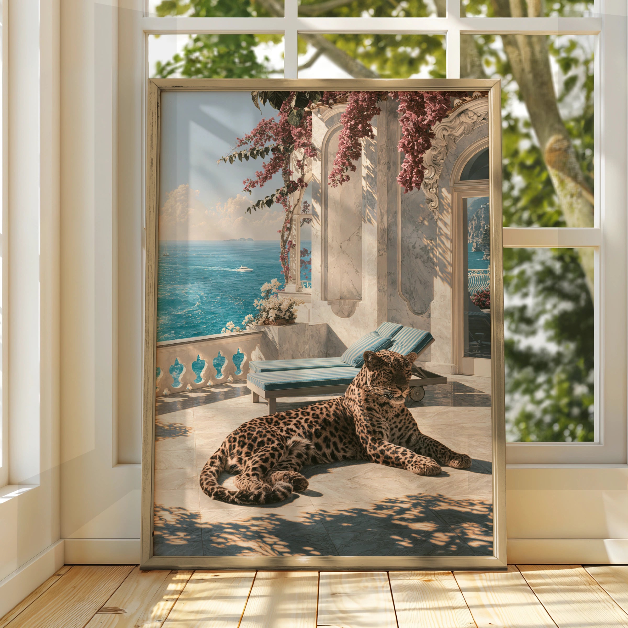 Jaguar on Mediterranean Terrace Poster, Luxury Villa Sea View Art Print