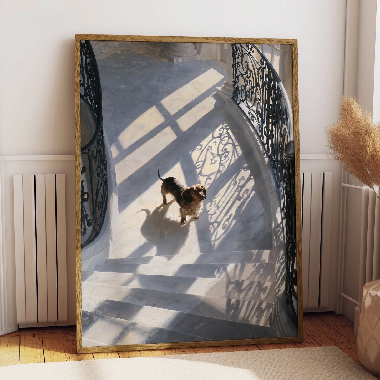 Dachshund on Grand Staircase Poster, Brown Sausage Dog Wall Art Print
