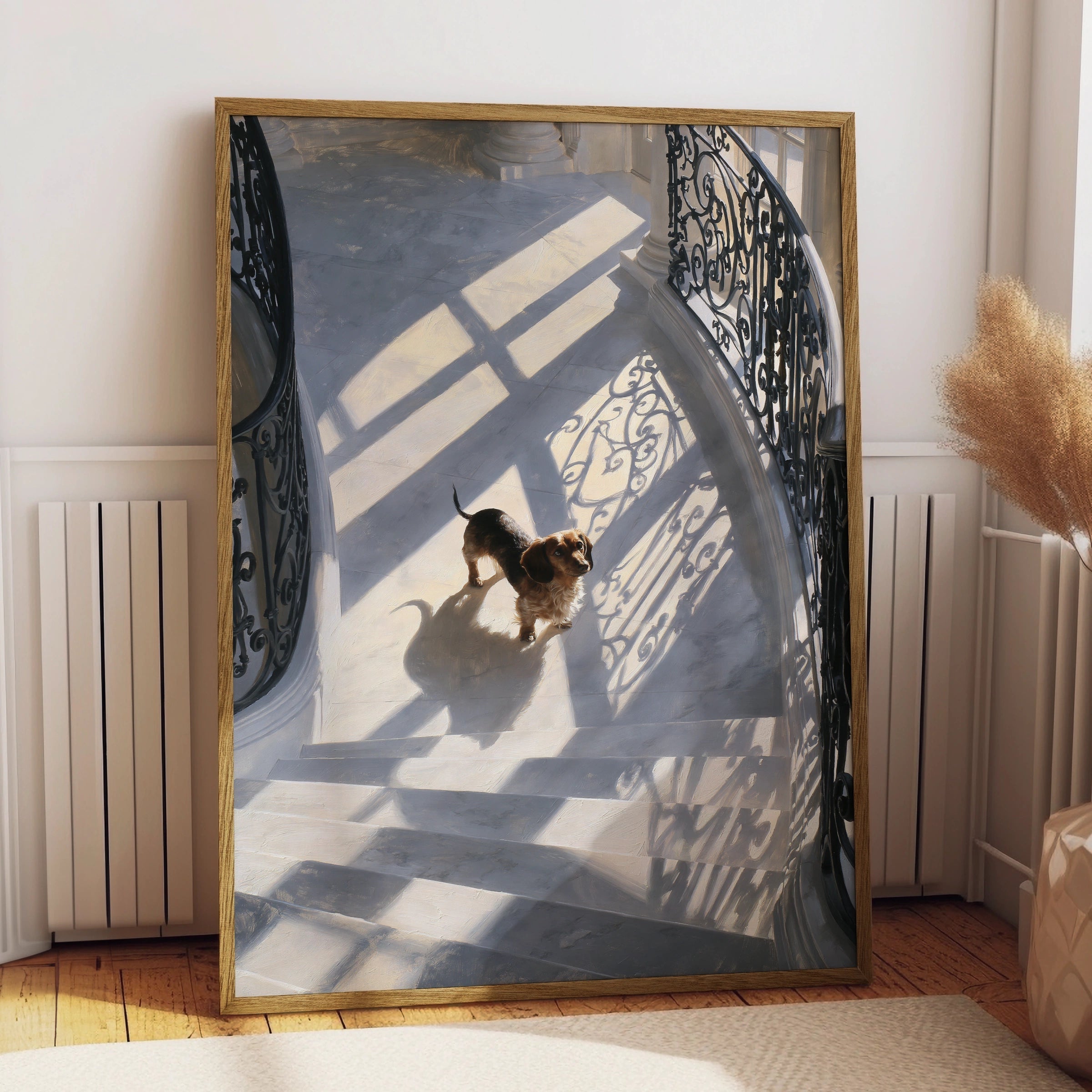 Dachshund on Grand Staircase Poster, Brown Sausage Dog Wall Art Print