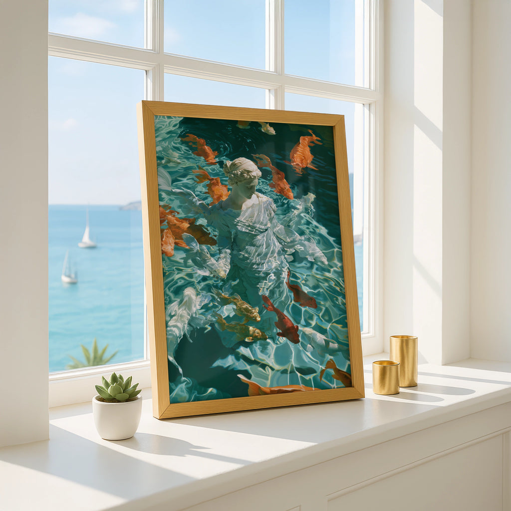 Roman Statue Koi Fish Poster, Classical Goddess Wall Art, Teal Modern Print