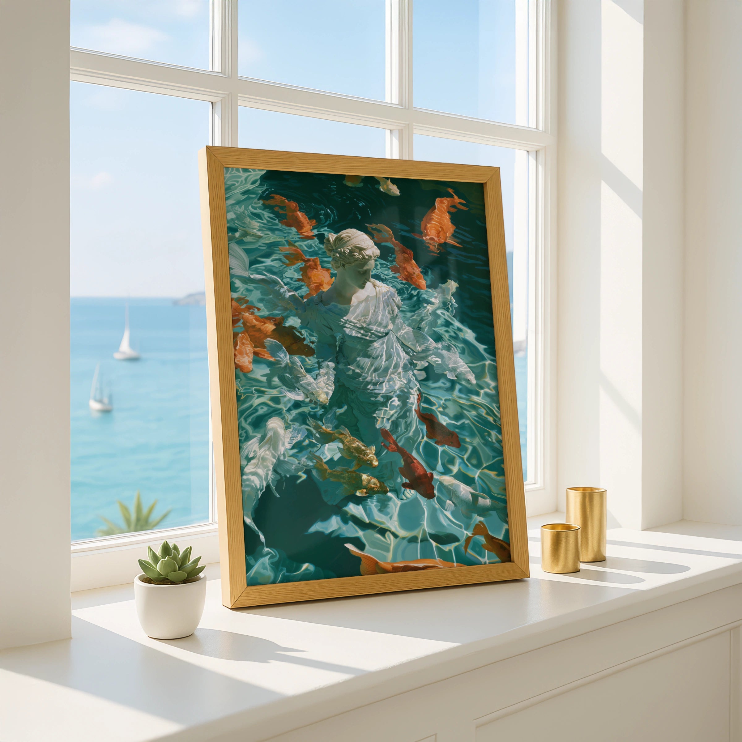 Roman Statue Koi Fish Poster, Classical Goddess Wall Art, Teal Modern Print