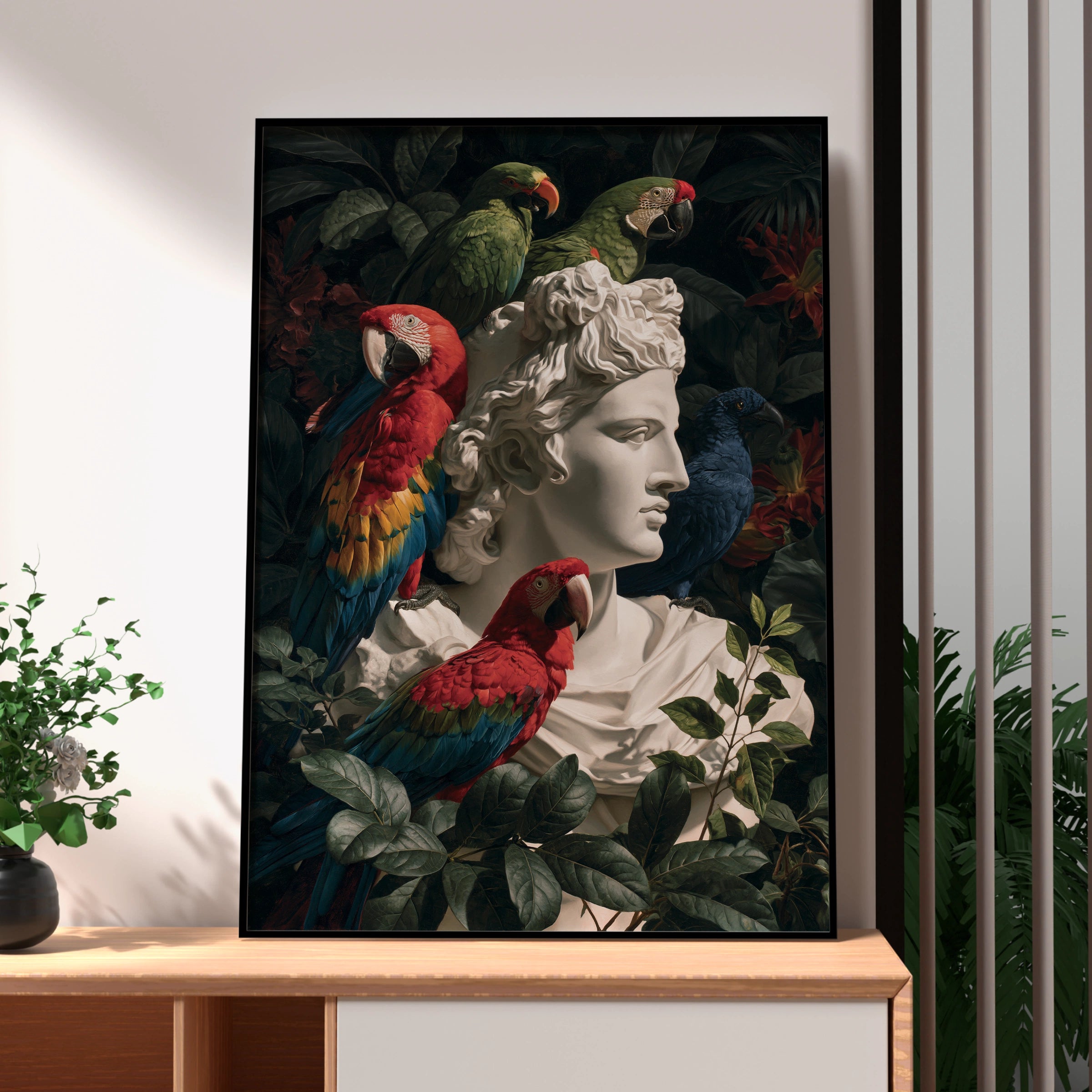 Roman Statue Parrots Poster, Greek Bust Tropical Birds, Dark Botanical Wall Art
