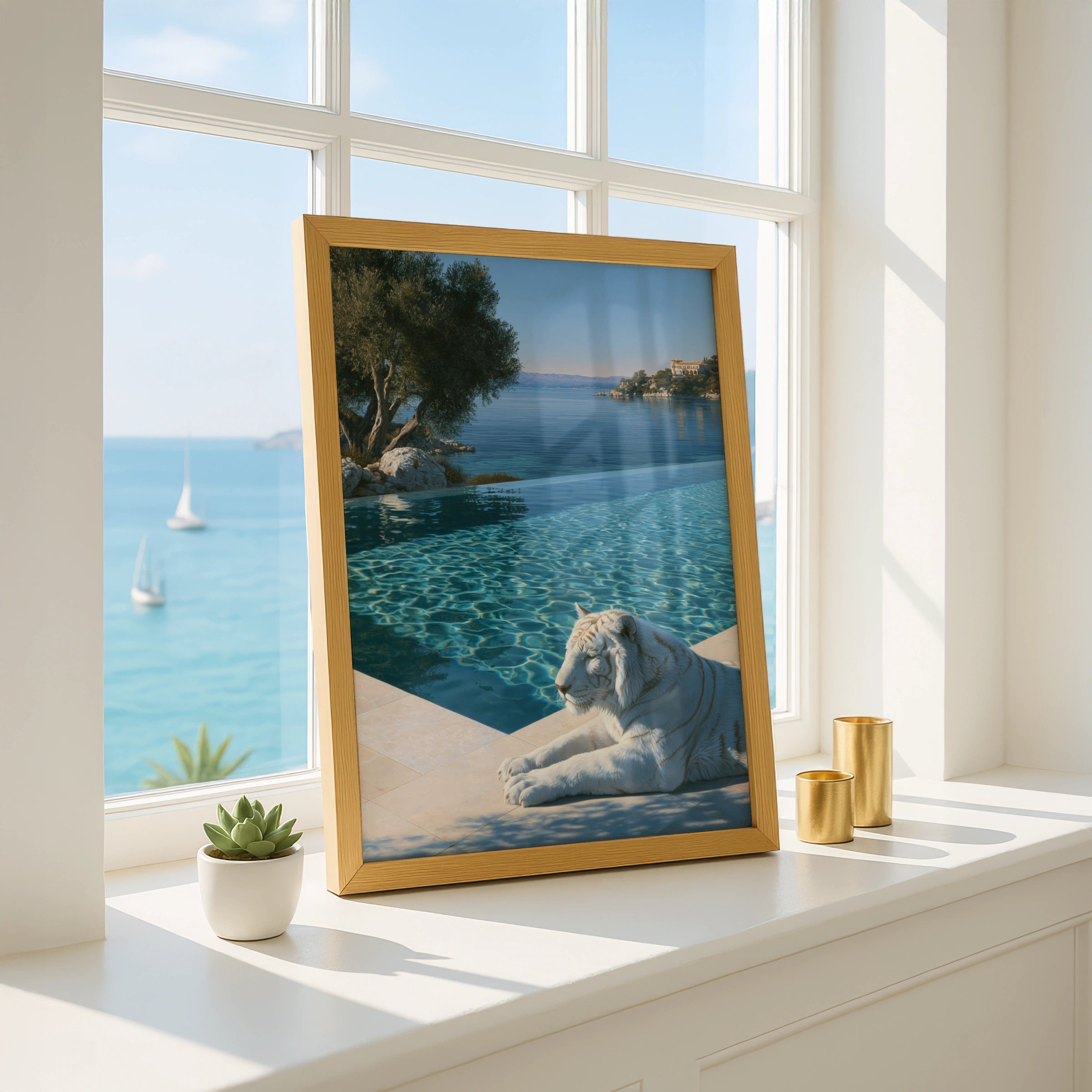 White Tiger by Infinity Pool, Luxury Villa Poster, Realist Art Print