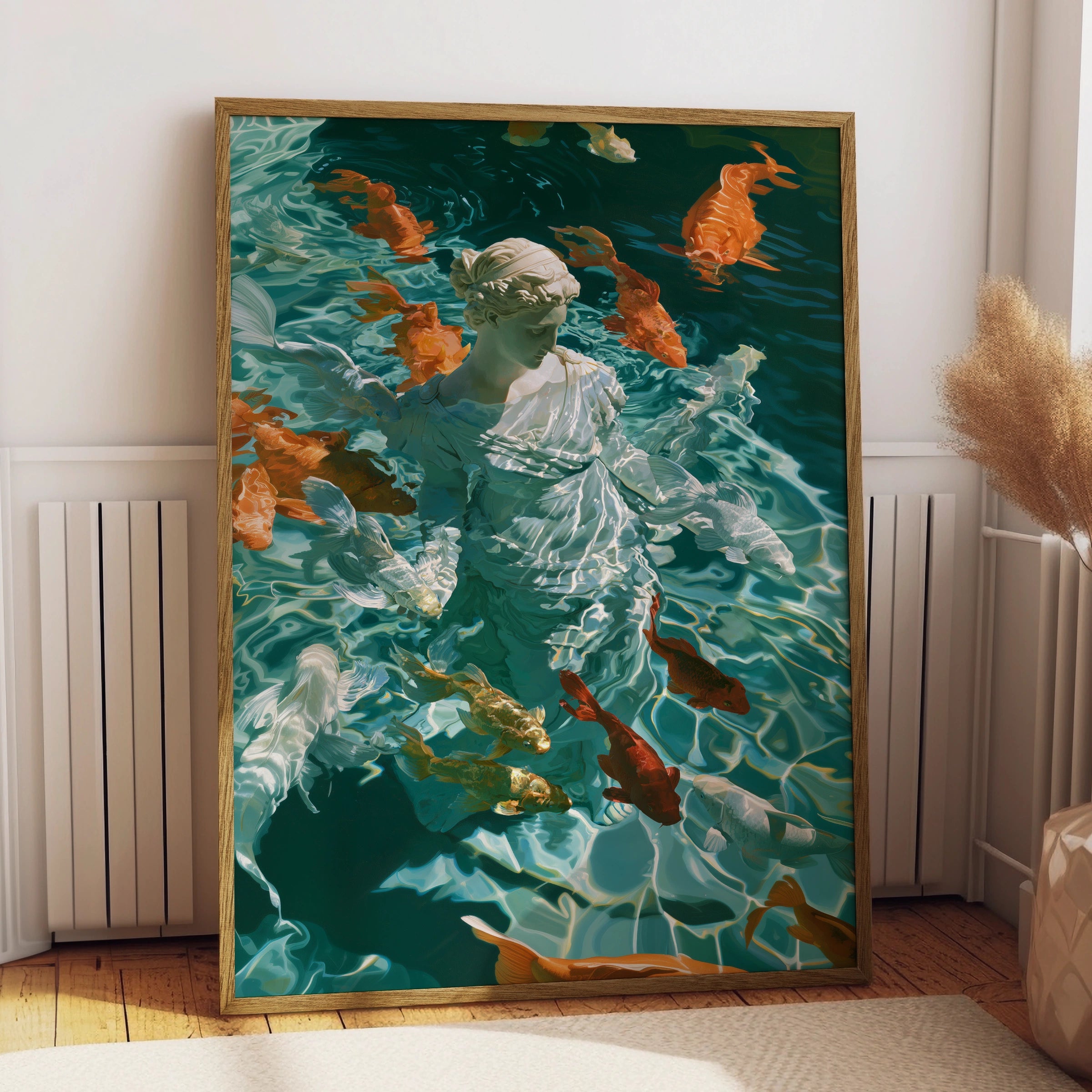Roman Statue Koi Fish Poster, Classical Goddess Wall Art, Teal Modern Print