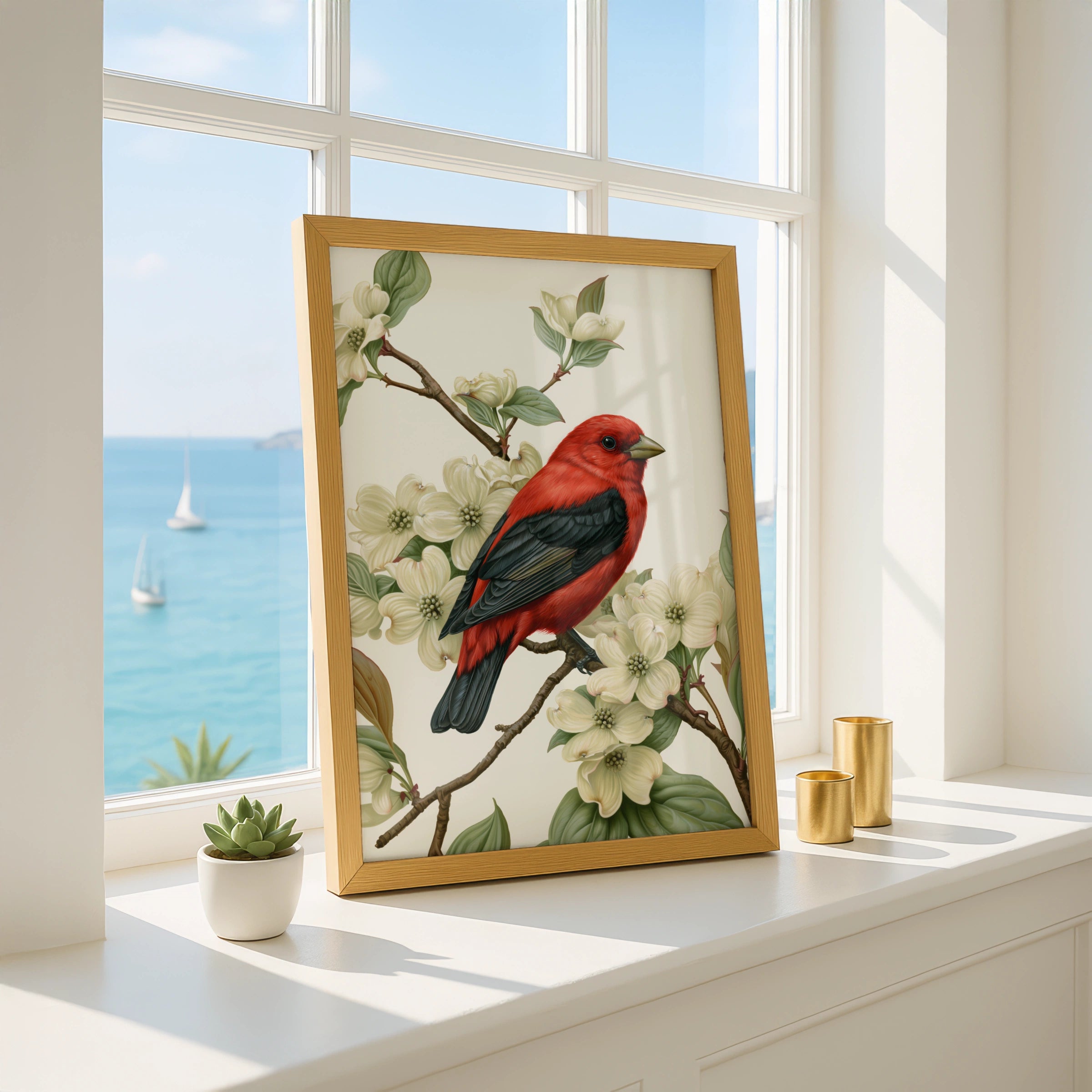 Red Bird on Dogwood Blossom Poster, Scarlet Tanager botanical illustration print