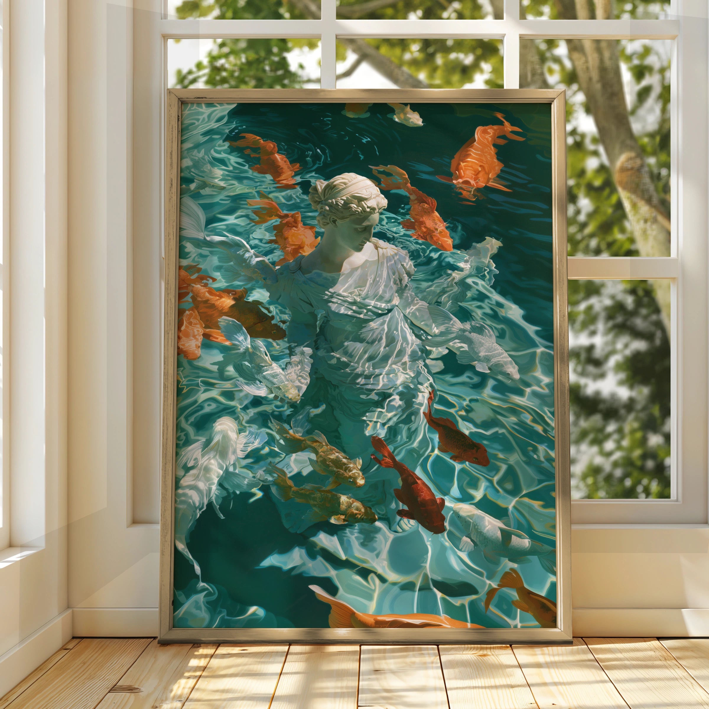 Roman Statue Koi Fish Poster, Classical Goddess Wall Art, Teal Modern Print