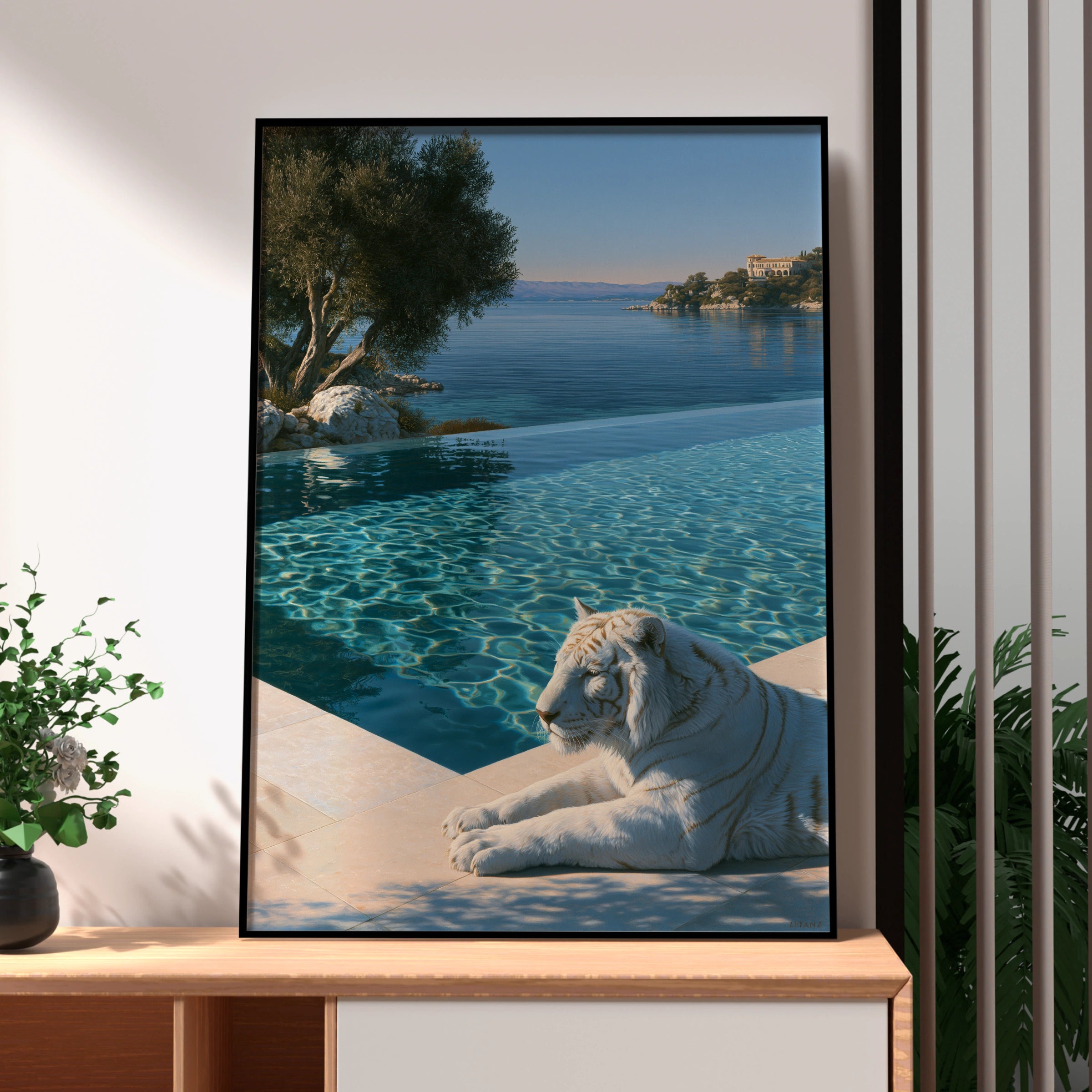 White Tiger by Infinity Pool, Luxury Villa Poster, Realist Art Print