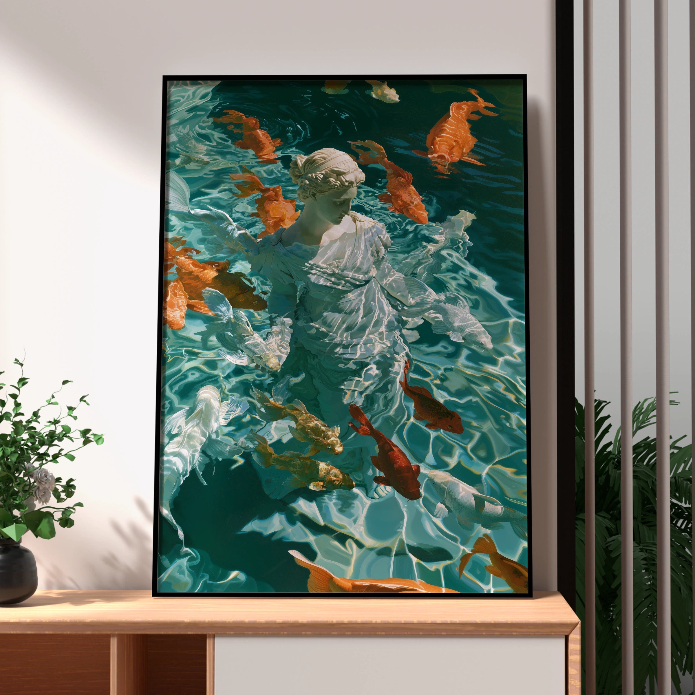Roman Statue Koi Fish Poster, Classical Goddess Wall Art, Teal Modern Print