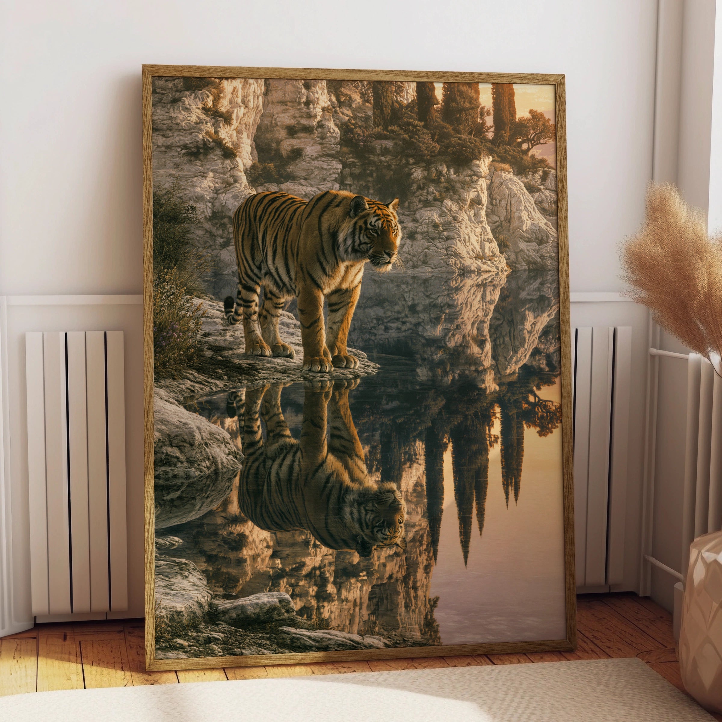 Tiger Water Reflection Poster, Rocky Cliffside Sunset, Wildlife Wall Art Print