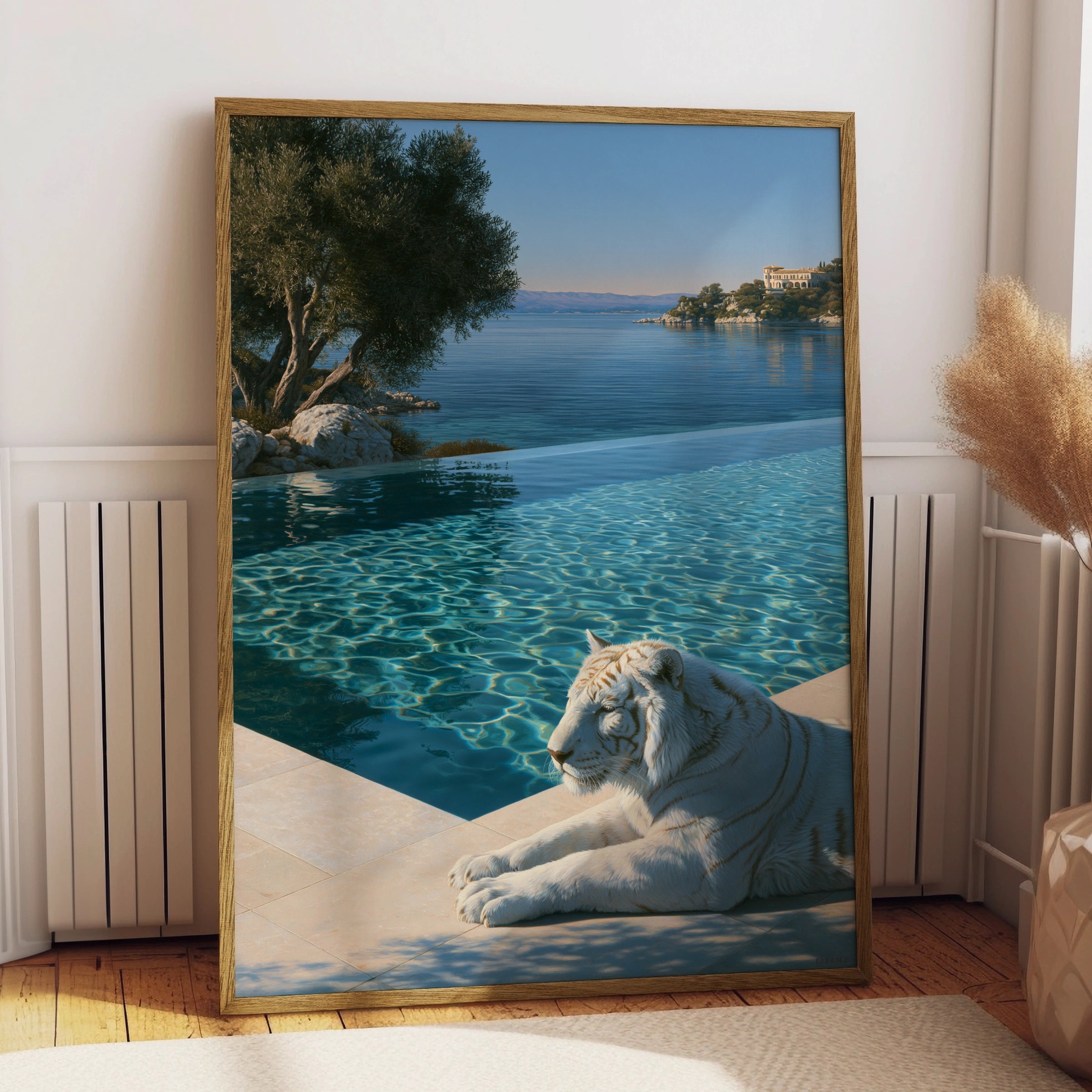 White Tiger by Infinity Pool, Luxury Villa Poster, Realist Art Print