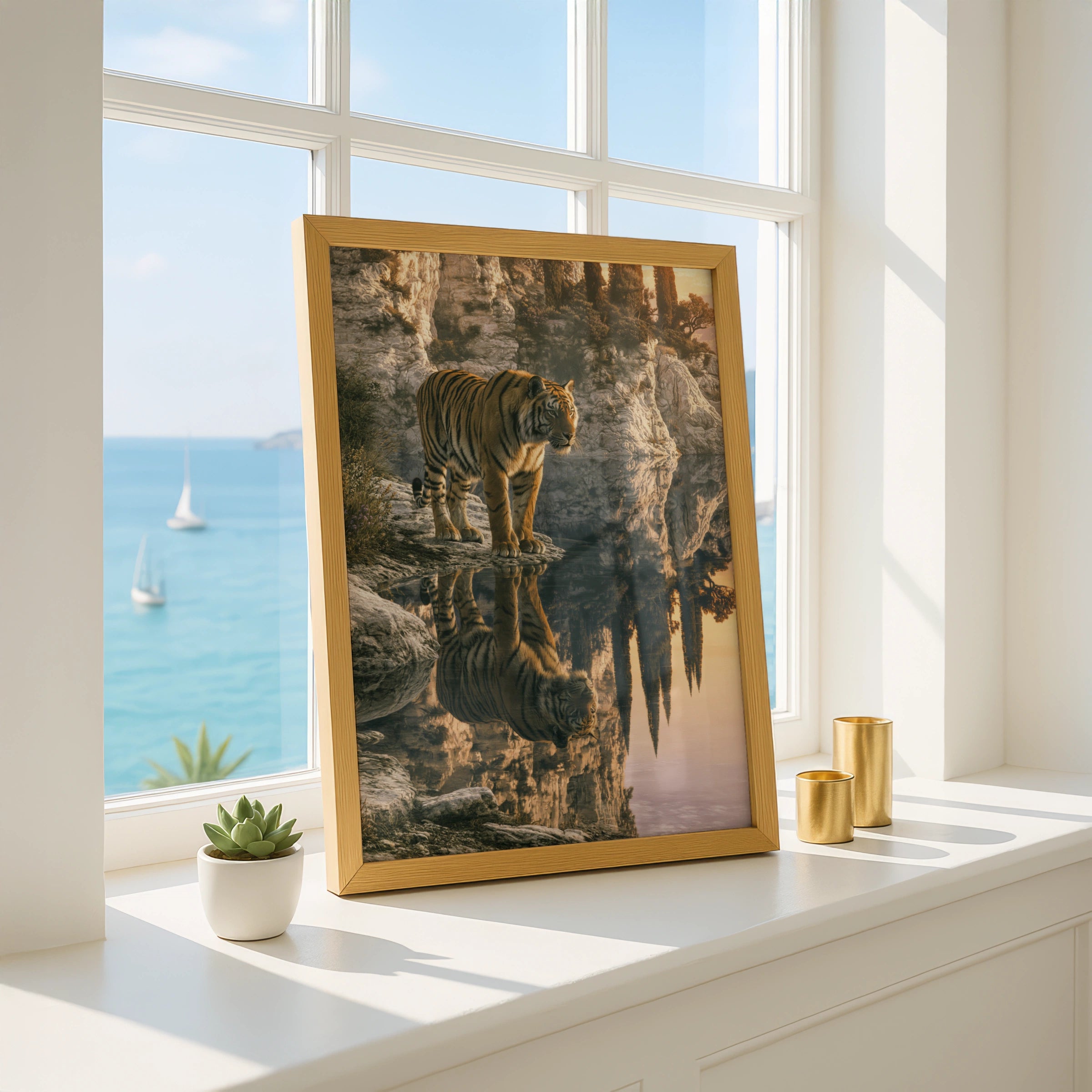 Tiger Water Reflection Poster, Rocky Cliffside Sunset, Wildlife Wall Art Print