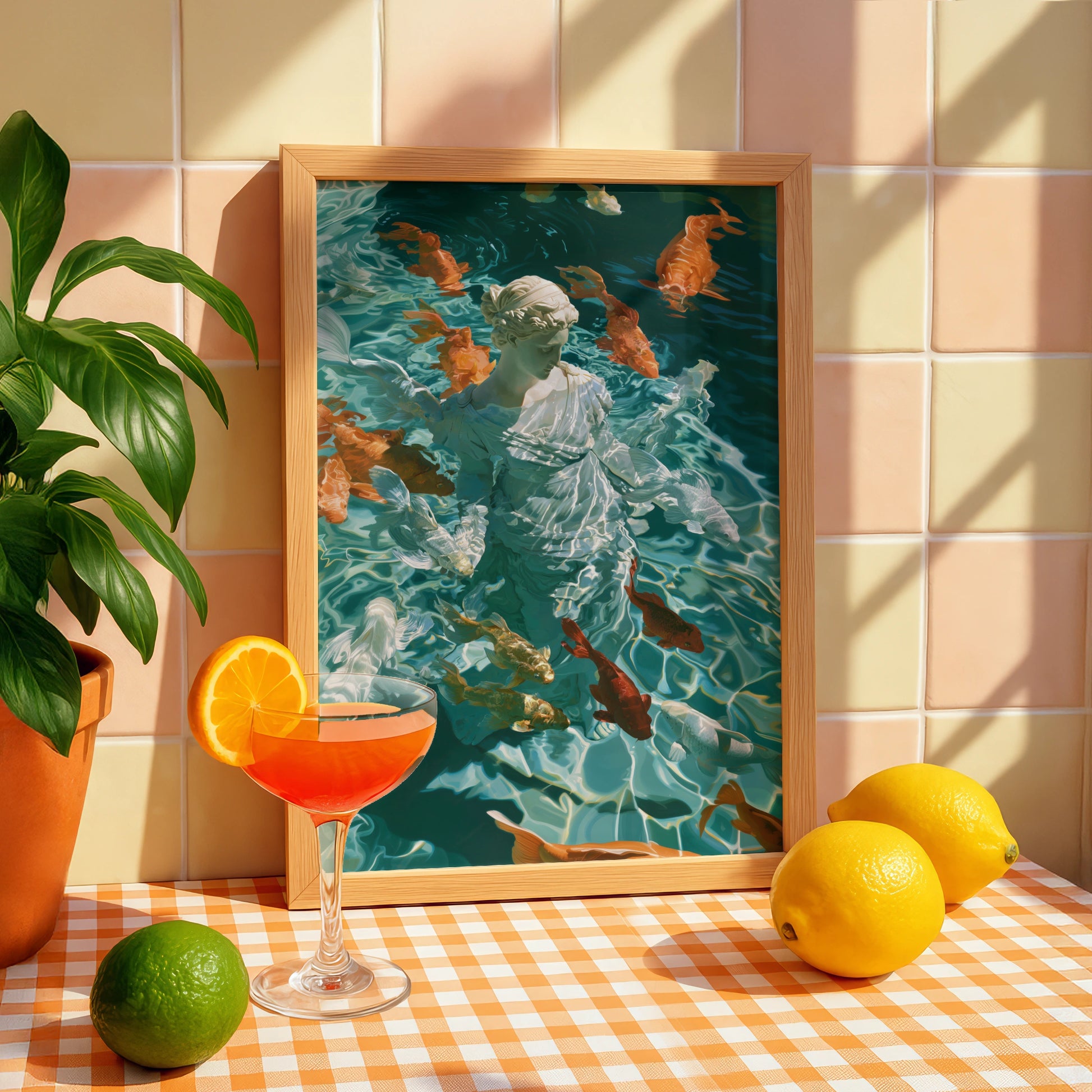 Roman Statue Koi Fish Poster, Classical Goddess Wall Art, Teal Modern Print