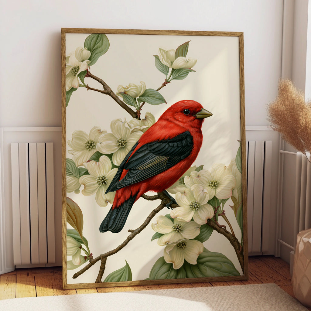 Red Bird on Dogwood Blossom Poster, Scarlet Tanager botanical illustration print