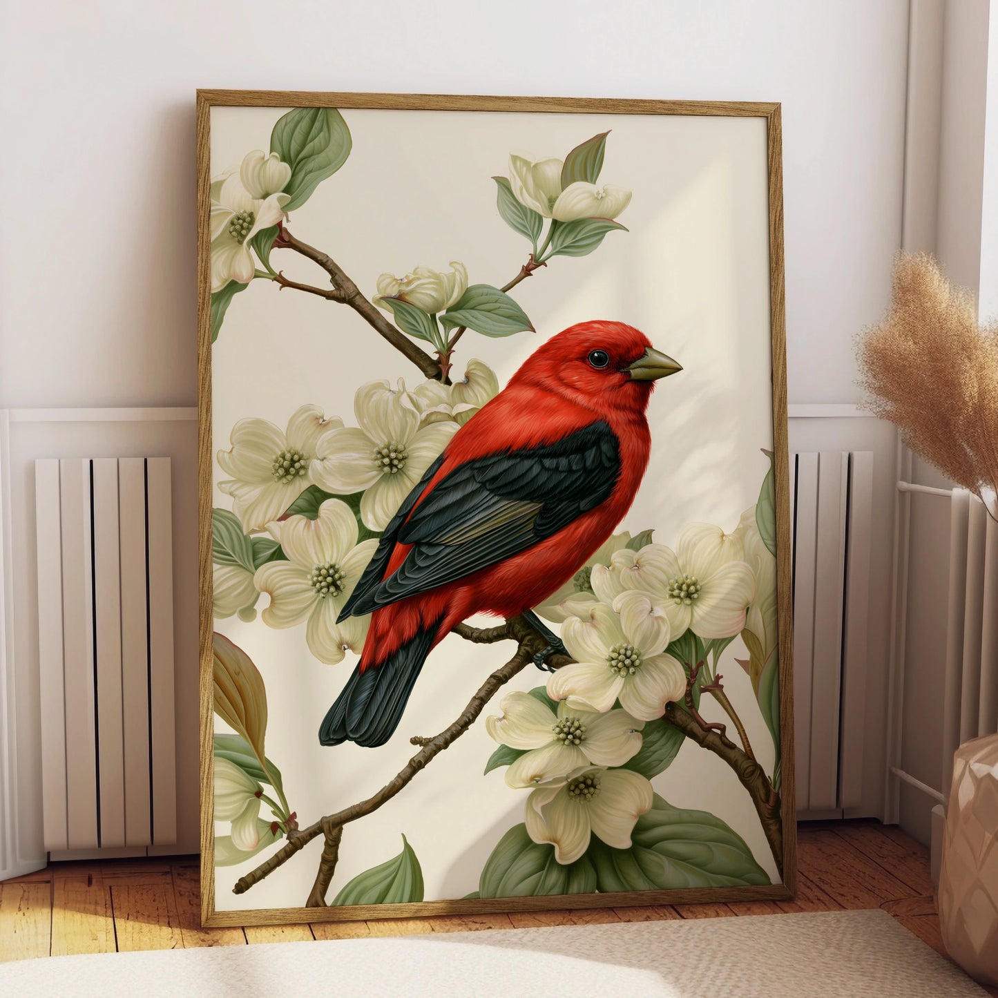 Red Bird on Dogwood Blossom Poster, Scarlet Tanager botanical illustration print