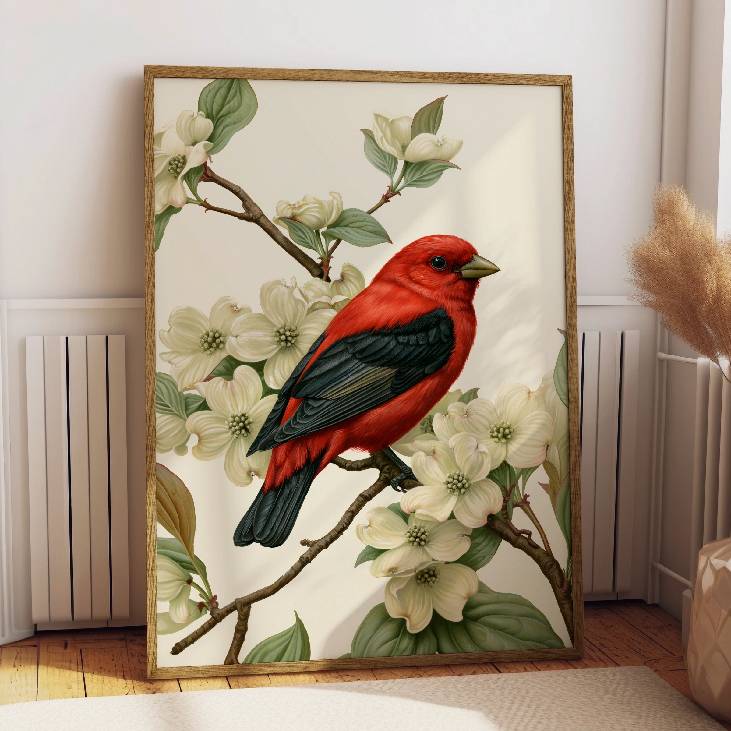 Red Bird on Dogwood Blossom Poster, Scarlet Tanager botanical illustration print