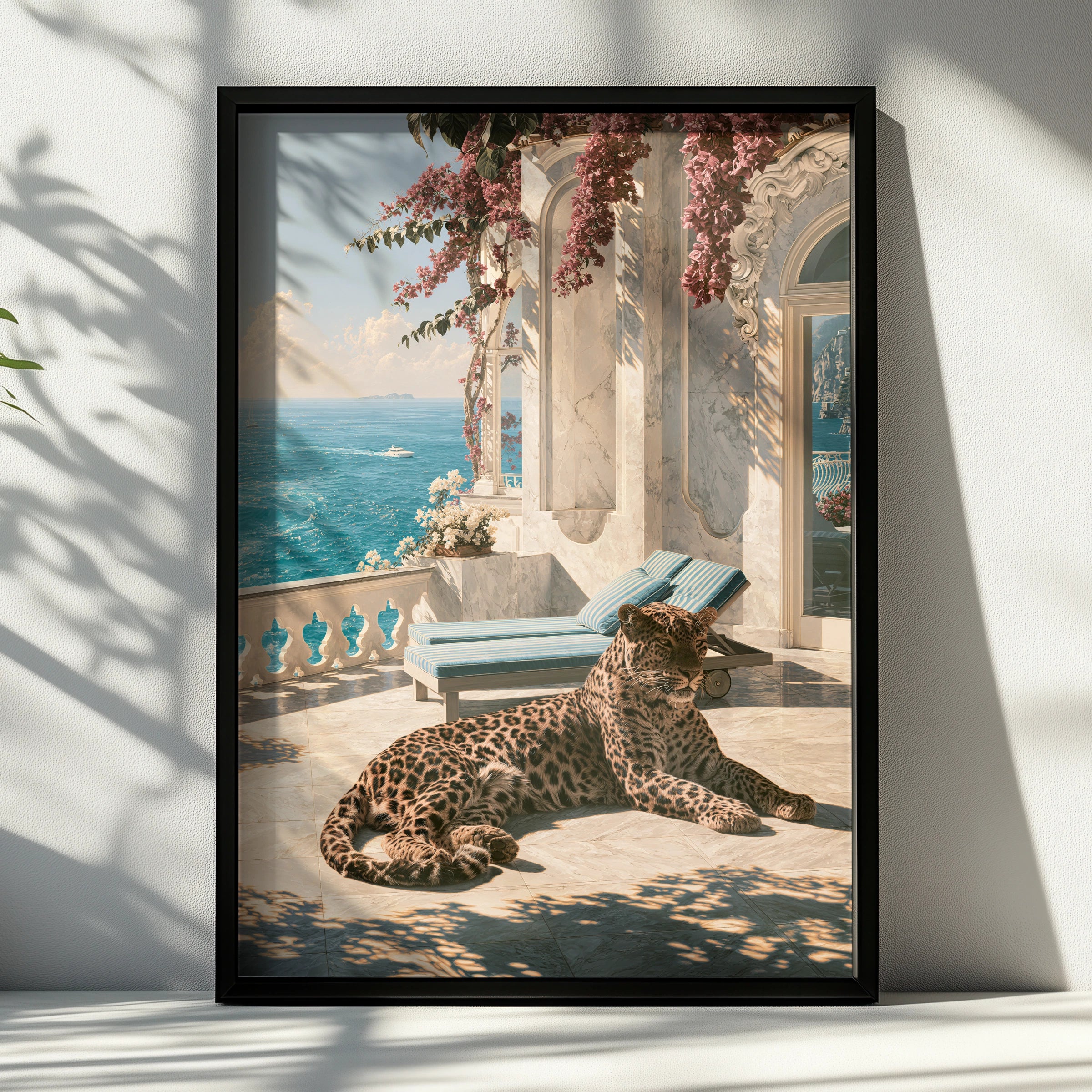 Jaguar on Mediterranean Terrace Poster, Luxury Villa Sea View Art Print