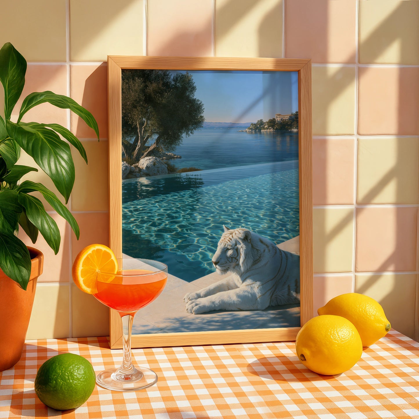 White Tiger by Infinity Pool, Luxury Villa Poster, Realist Art Print