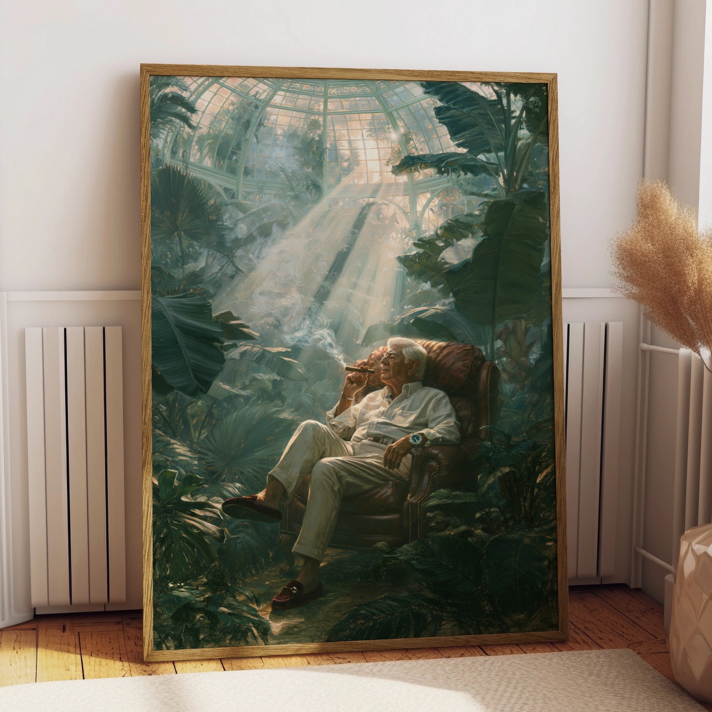 Grandfather Smoking Cigar in Greenhouse, Wall Art Poster, Classical Oil Painting Style