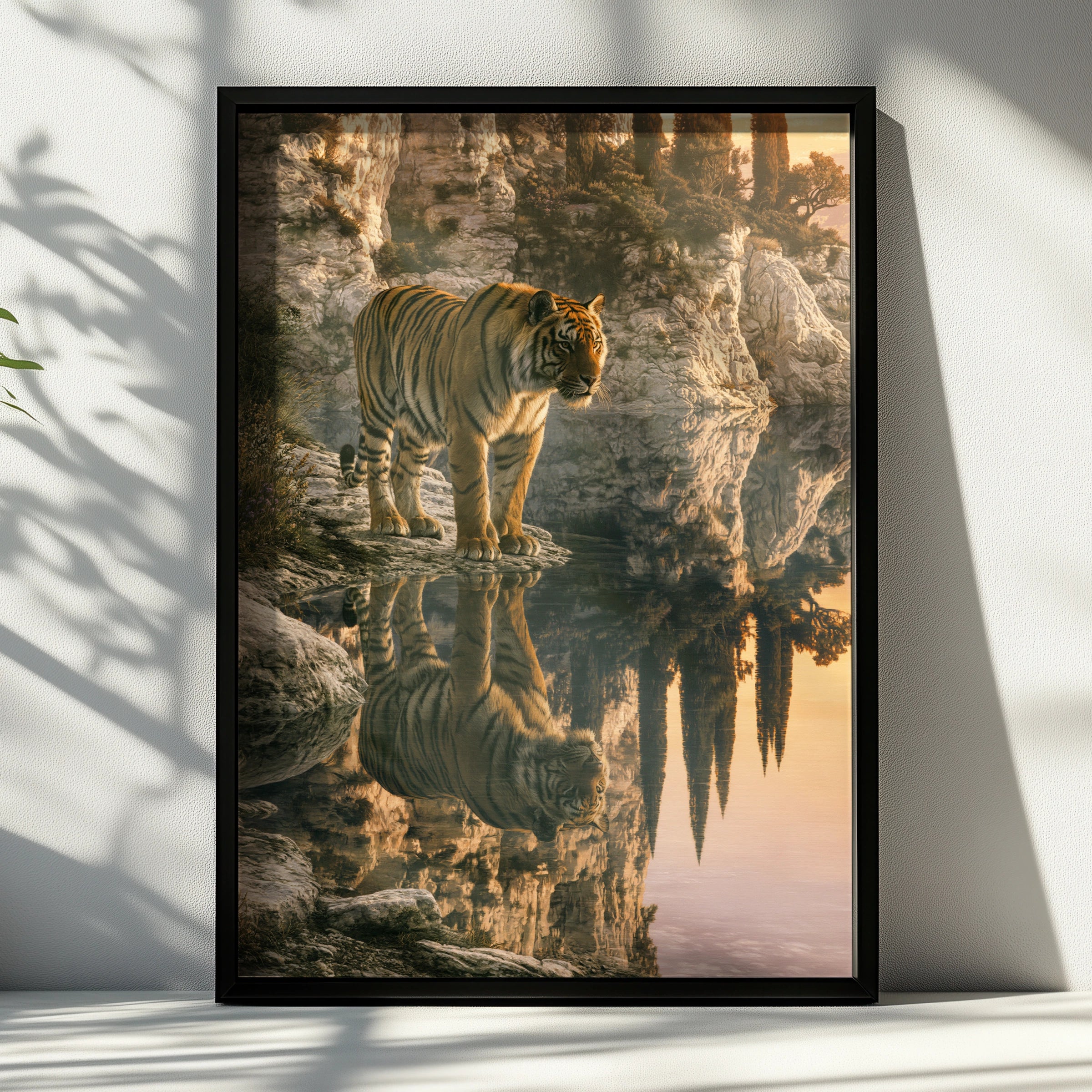 Tiger Water Reflection Poster, Rocky Cliffside Sunset, Wildlife Wall Art Print