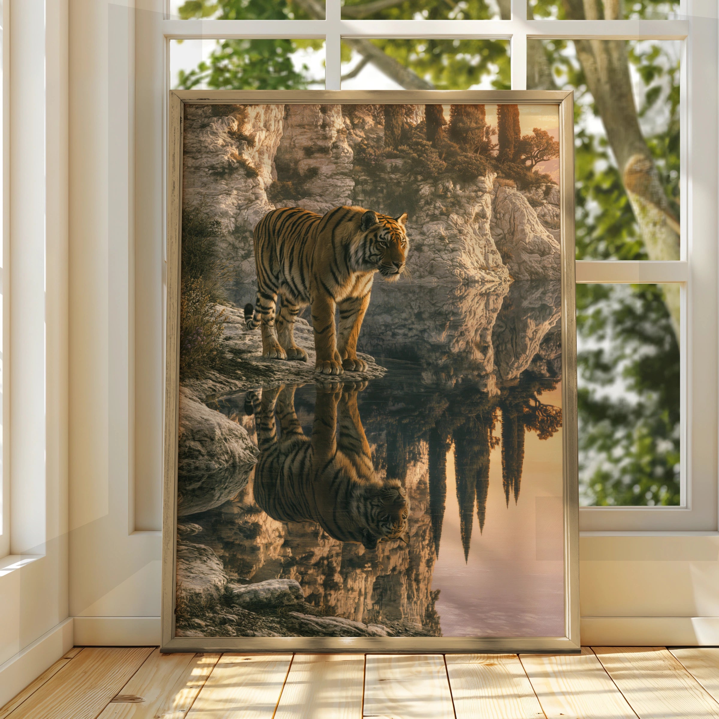 Tiger Water Reflection Poster, Rocky Cliffside Sunset, Wildlife Wall Art Print