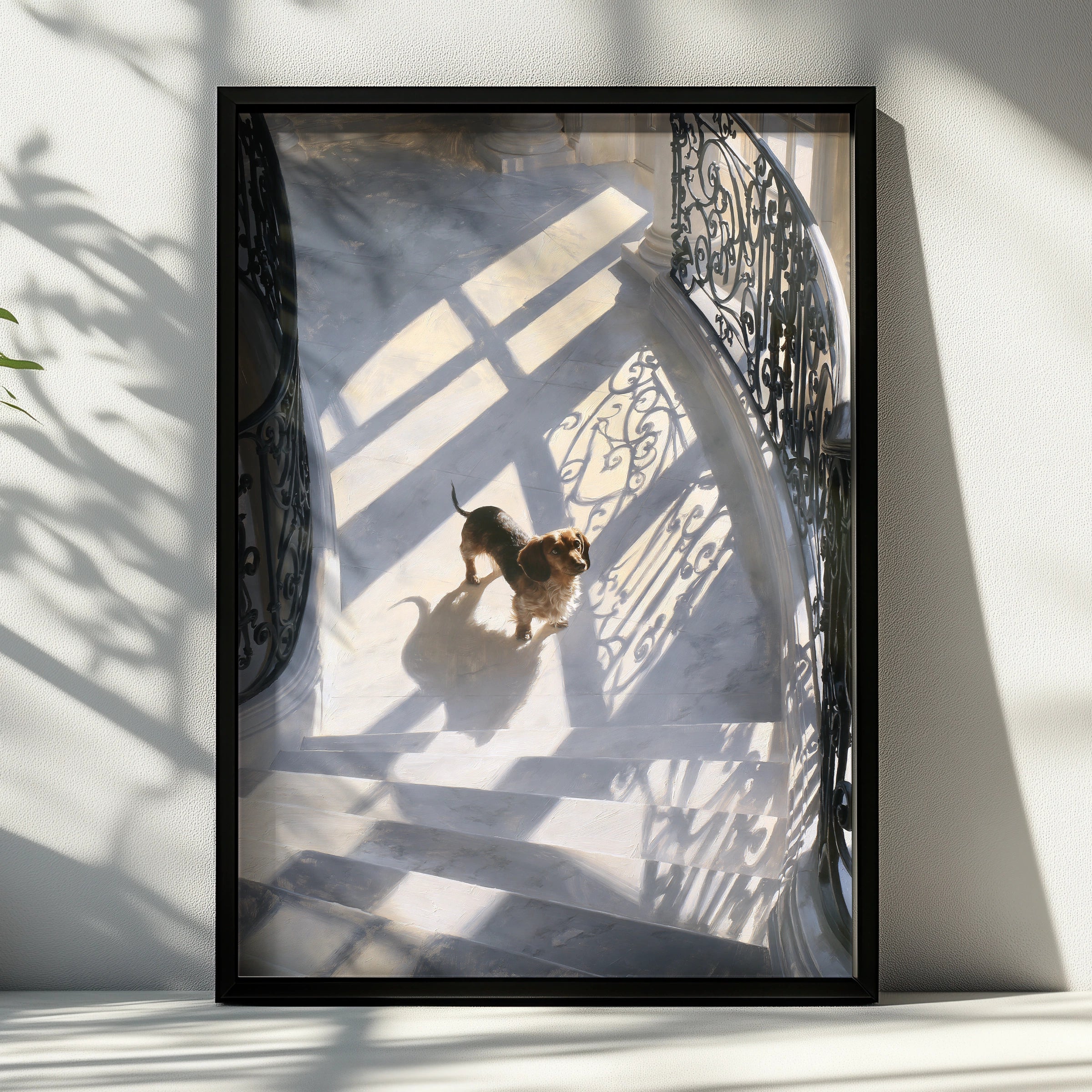 Dachshund on Grand Staircase Poster, Brown Sausage Dog Wall Art Print