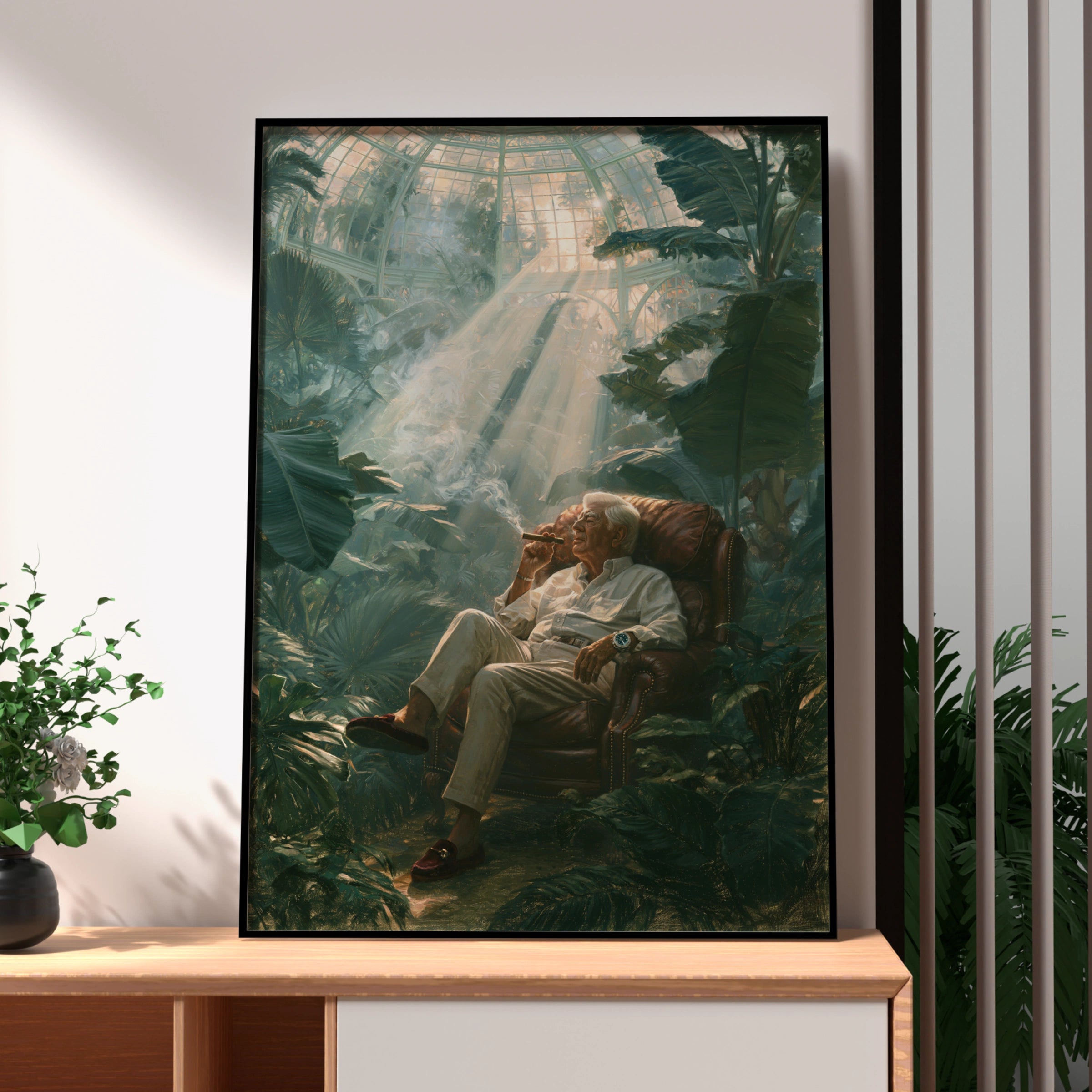 Grandfather Smoking Cigar in Greenhouse, Wall Art Poster, Classical Oil Painting Style