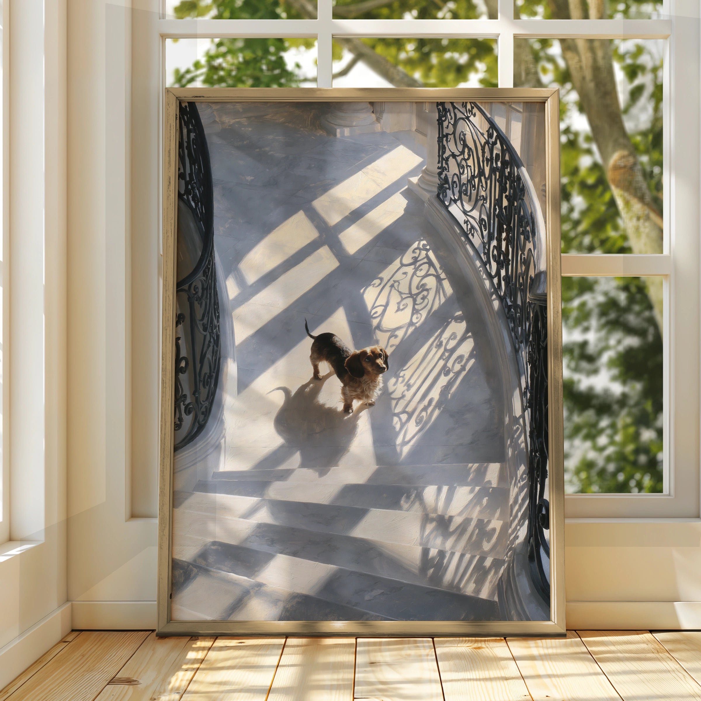 Dachshund on Grand Staircase Poster, Brown Sausage Dog Wall Art Print