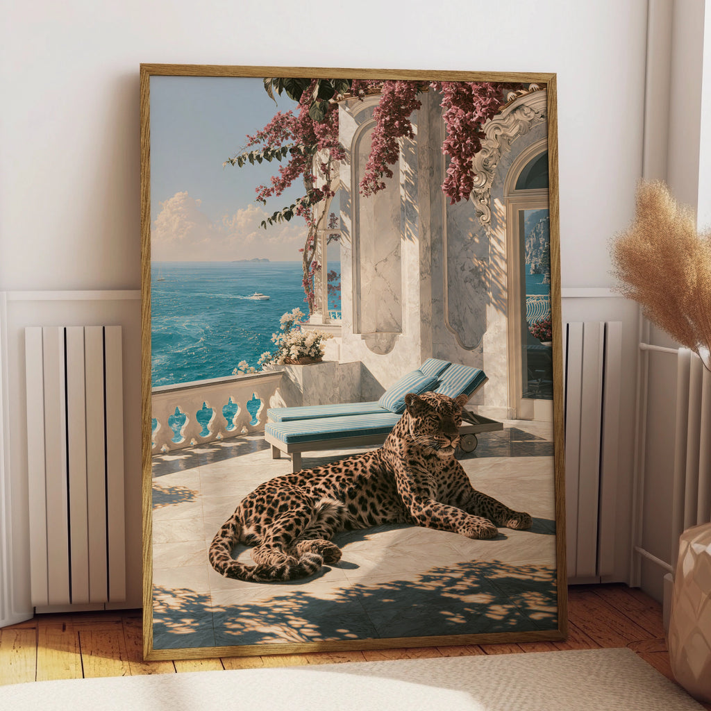 Jaguar on Mediterranean Terrace Poster, Luxury Villa Sea View Art Print