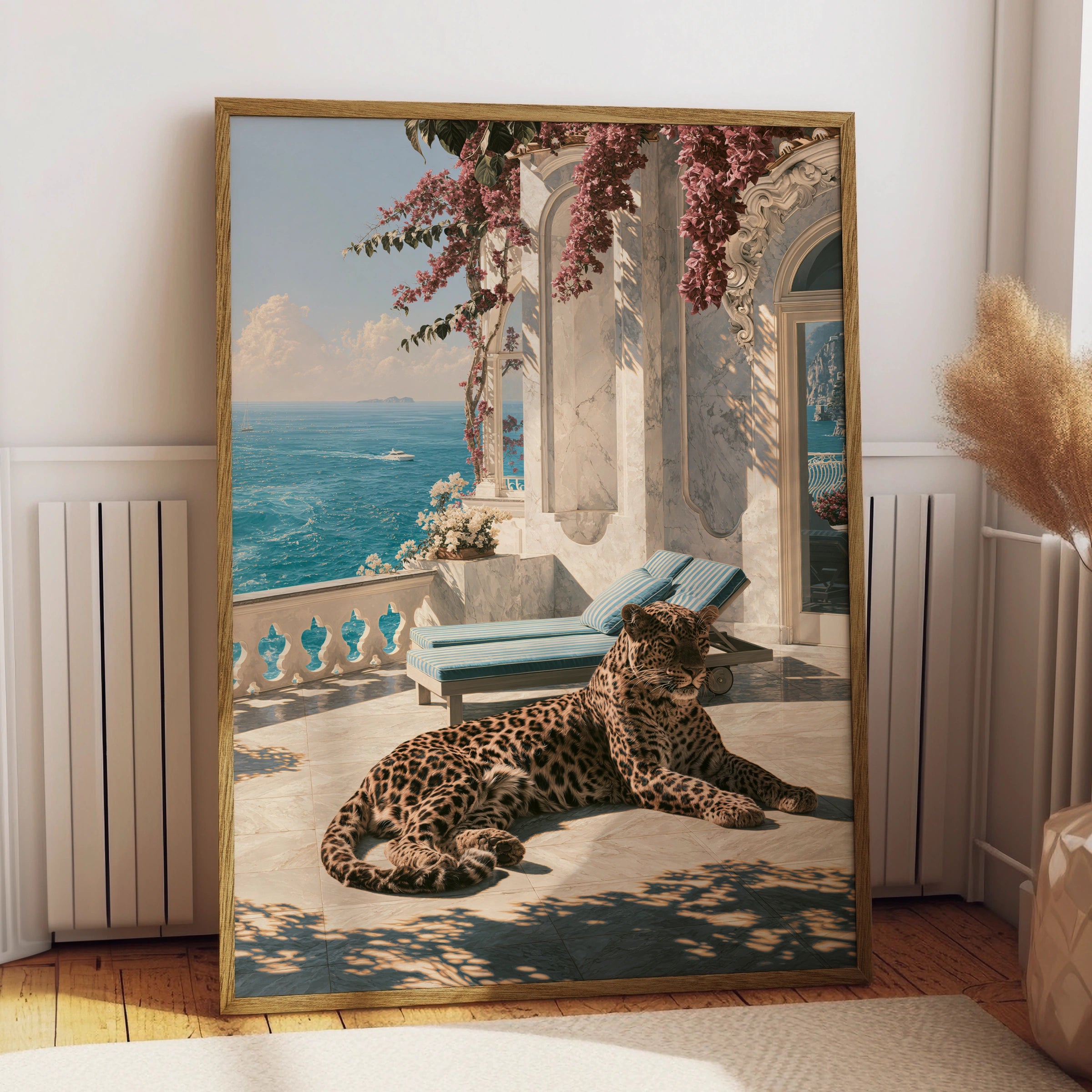 Jaguar on Mediterranean Terrace Poster, Luxury Villa Sea View Art Print