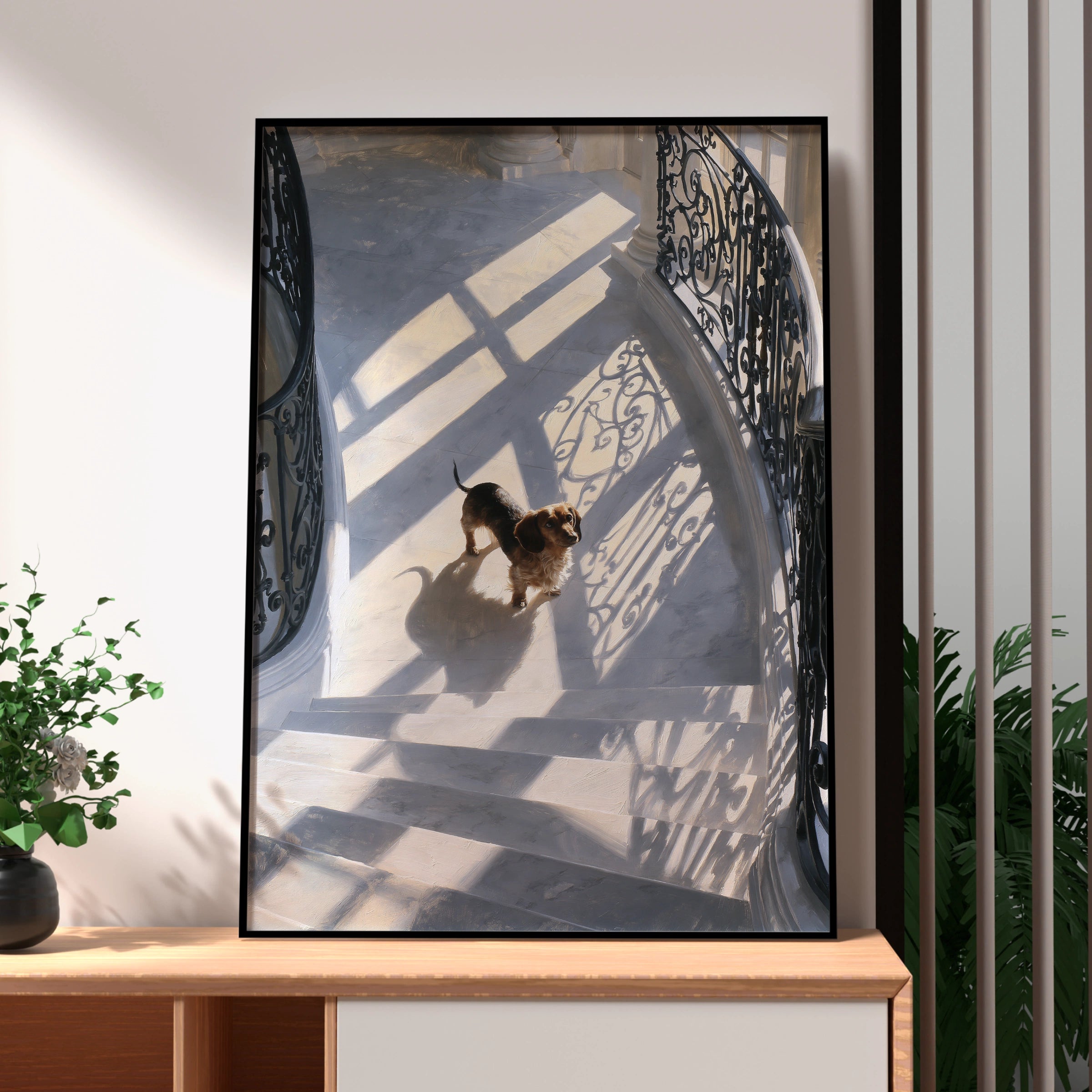 Dachshund on Grand Staircase Poster, Brown Sausage Dog Wall Art Print