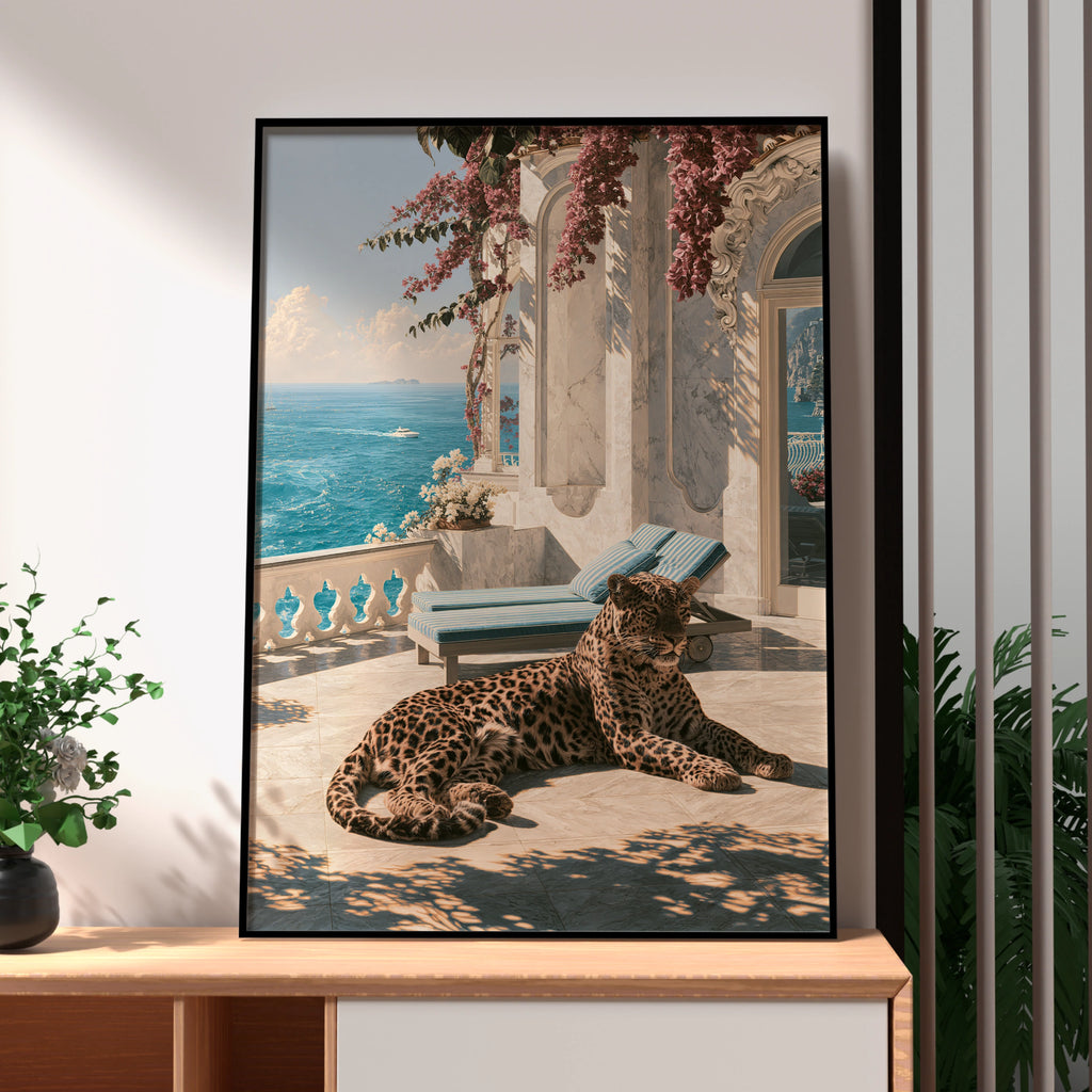 Jaguar on Mediterranean Terrace Poster, Luxury Villa Sea View Art Print