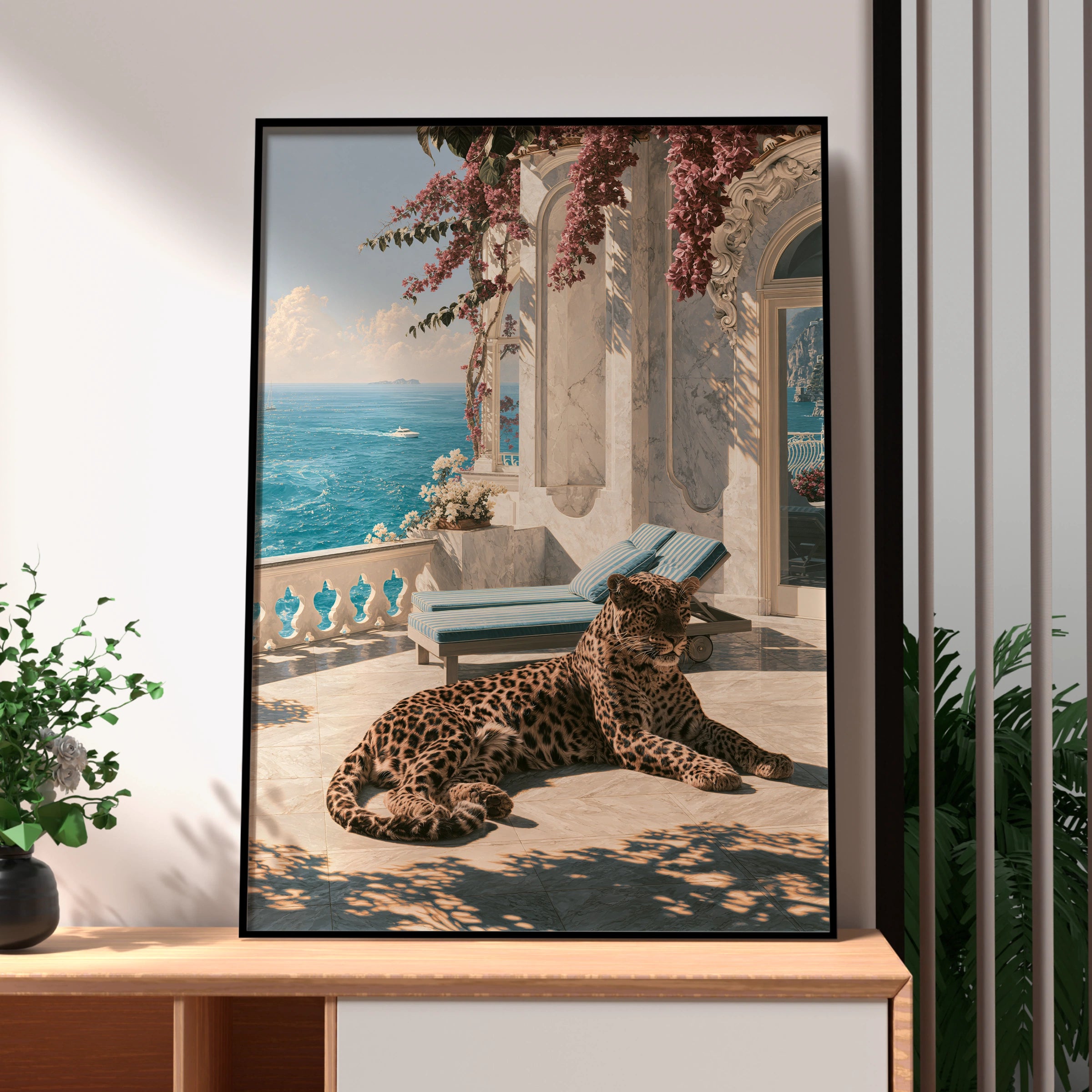 Jaguar on Mediterranean Terrace Poster, Luxury Villa Sea View Art Print