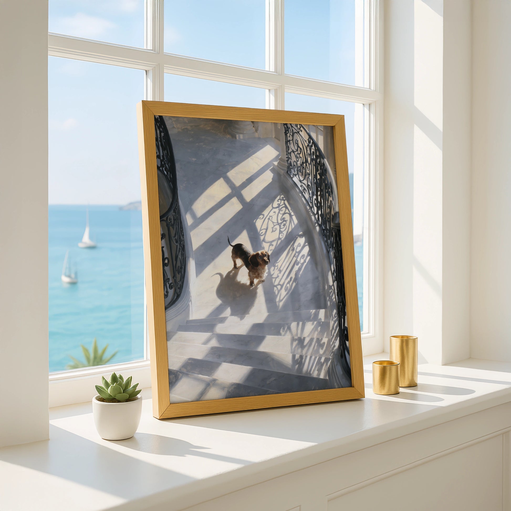 Dachshund on Grand Staircase Poster, Brown Sausage Dog Wall Art Print