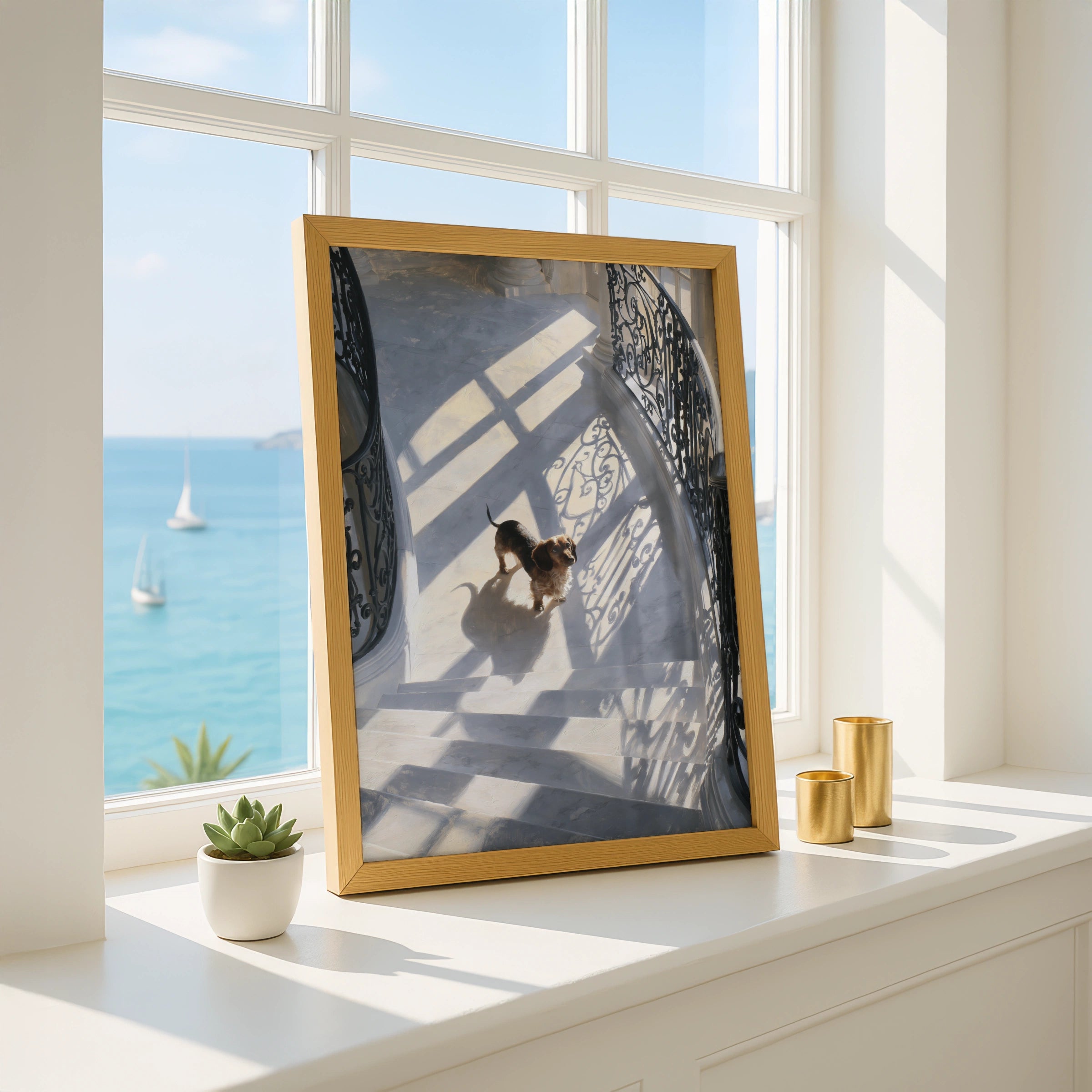 Dachshund on Grand Staircase Poster, Brown Sausage Dog Wall Art Print