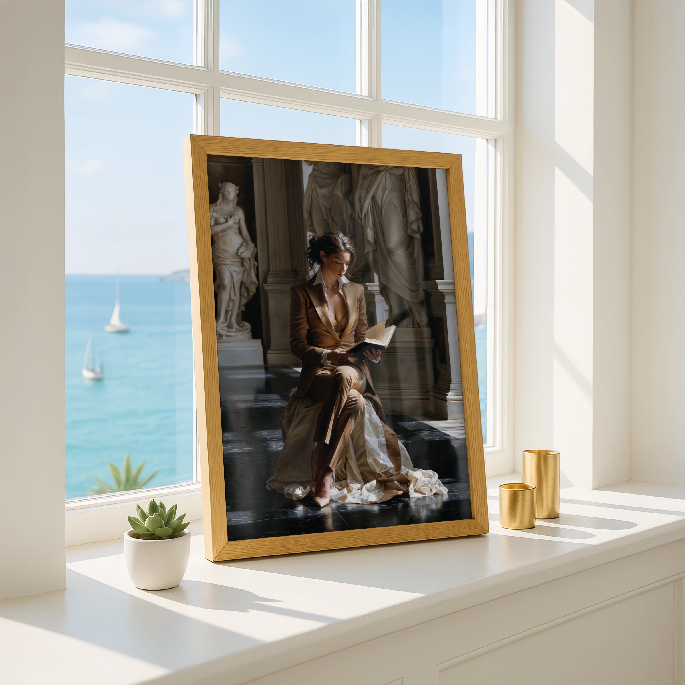 Woman Reading in Classical Hall, Art Poster, Figurative Realism Print