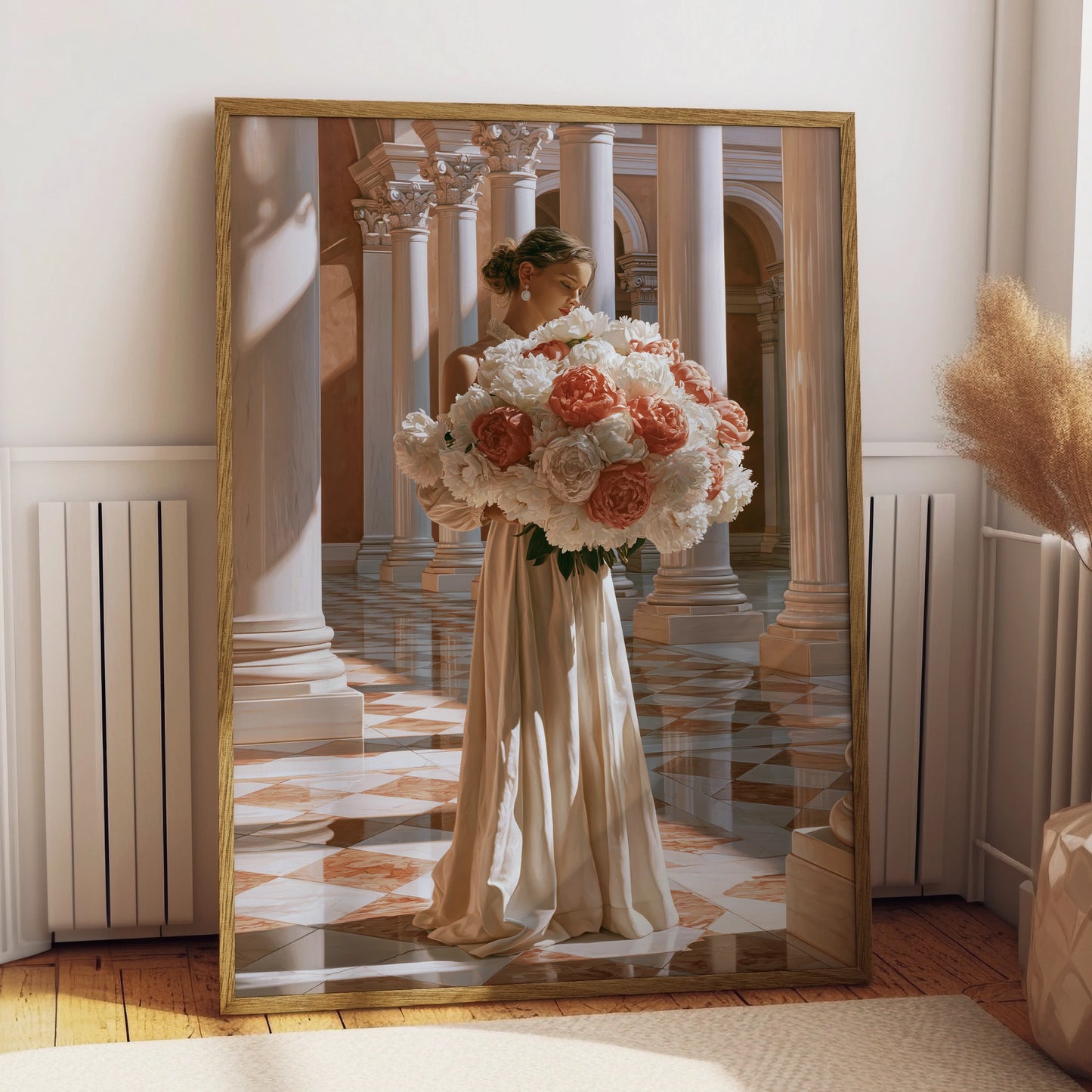 Woman with Peonies Poster, Elegant Floral Wall Art, Classical Architecture Print