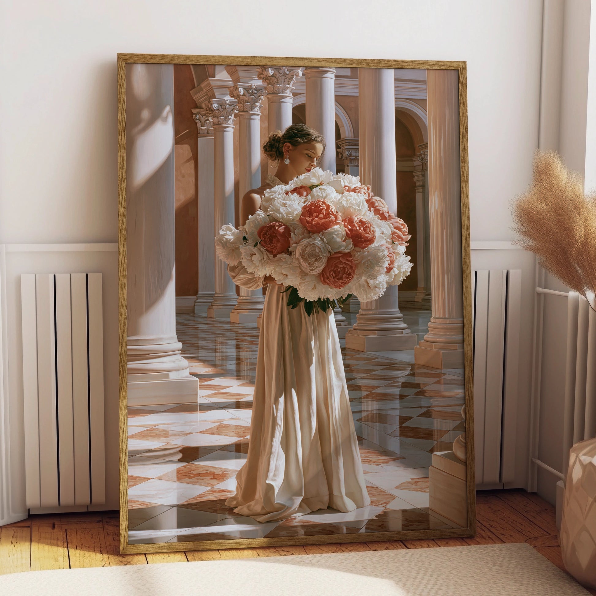 Woman with Peonies Poster, Elegant Floral Wall Art, Classical Architecture Print