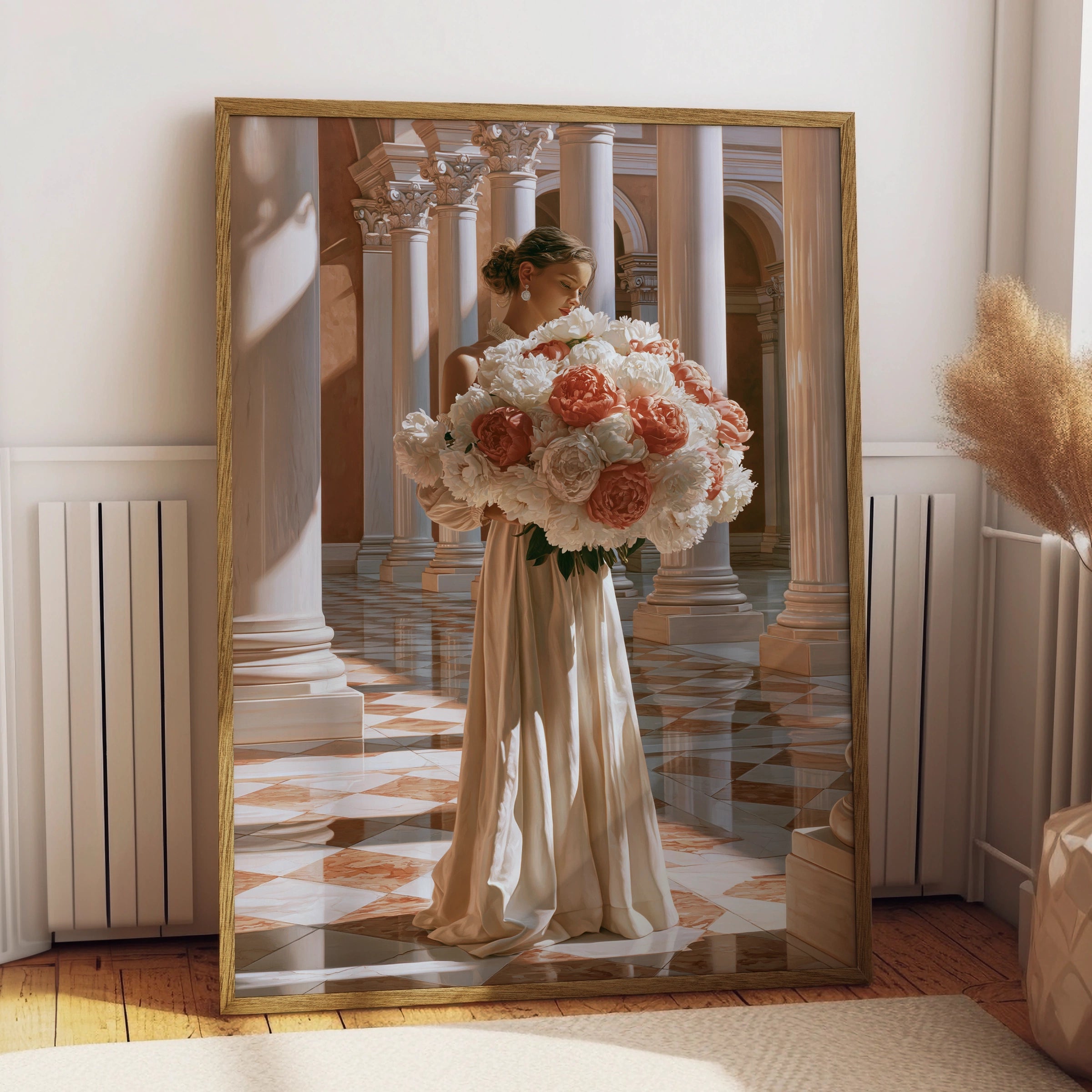 Woman with Peonies Poster, Elegant Floral Wall Art, Classical Architecture Print
