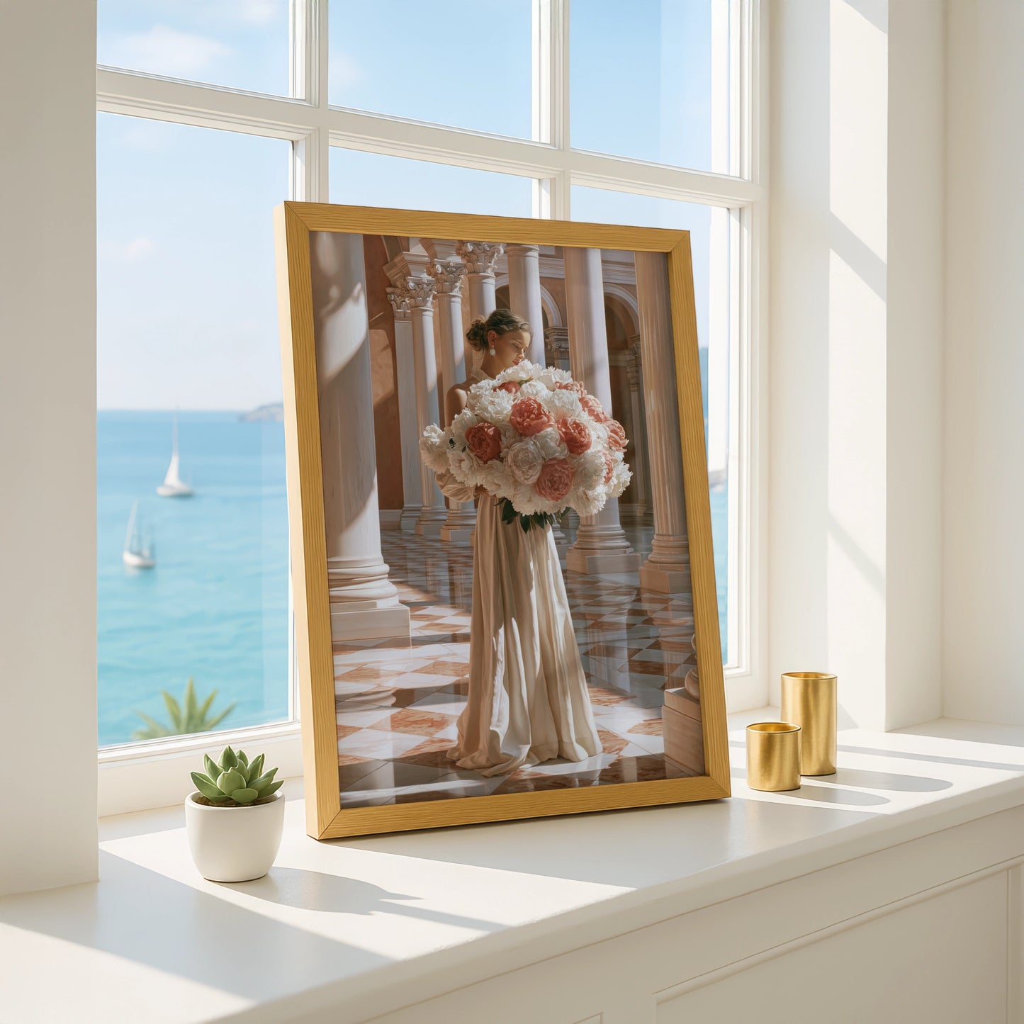 Woman with Peonies Poster, Elegant Floral Wall Art, Classical Architecture Print