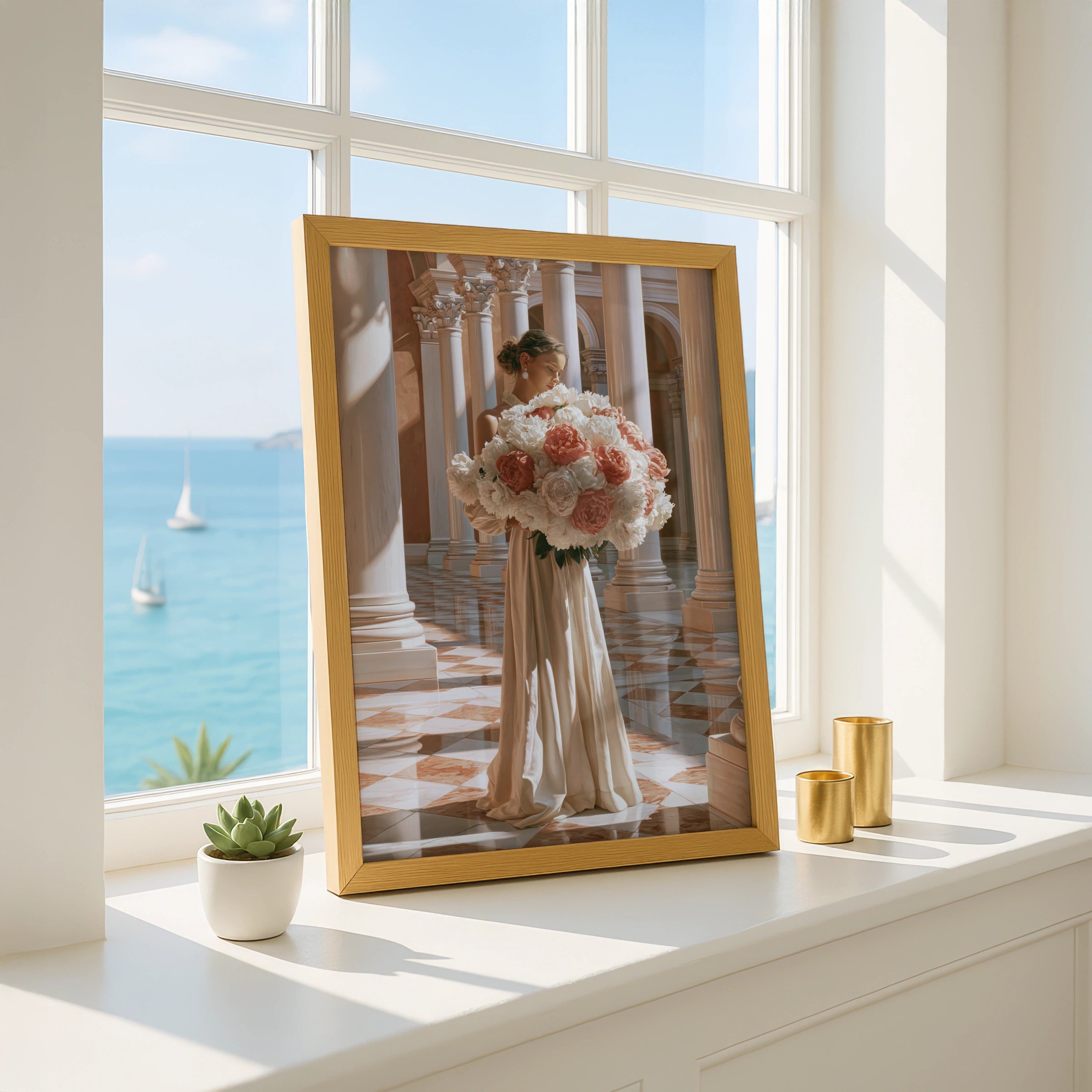 Woman with Peonies Poster, Elegant Floral Wall Art, Classical Architecture Print