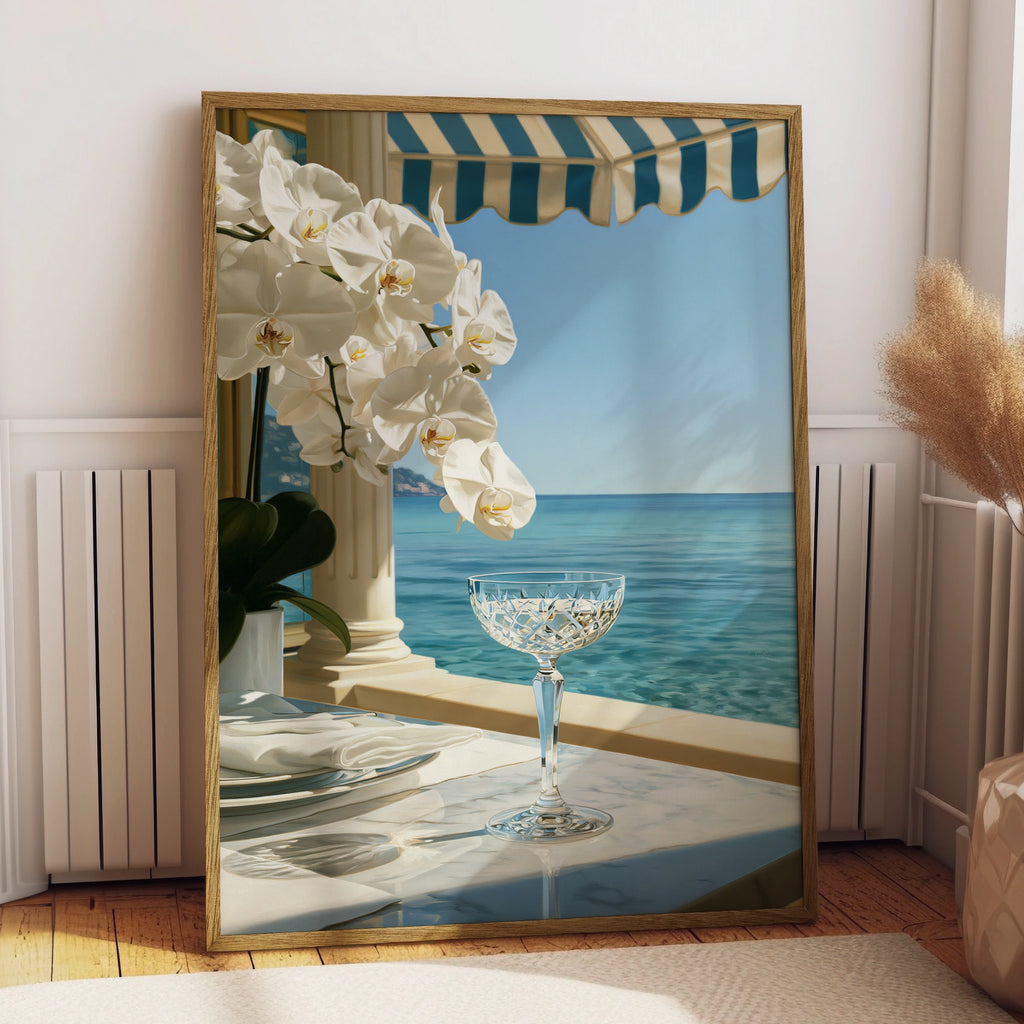 Orchid Beach Terrace Poster, Crystal Glass Ocean View, Coastal Luxury Wall Art
